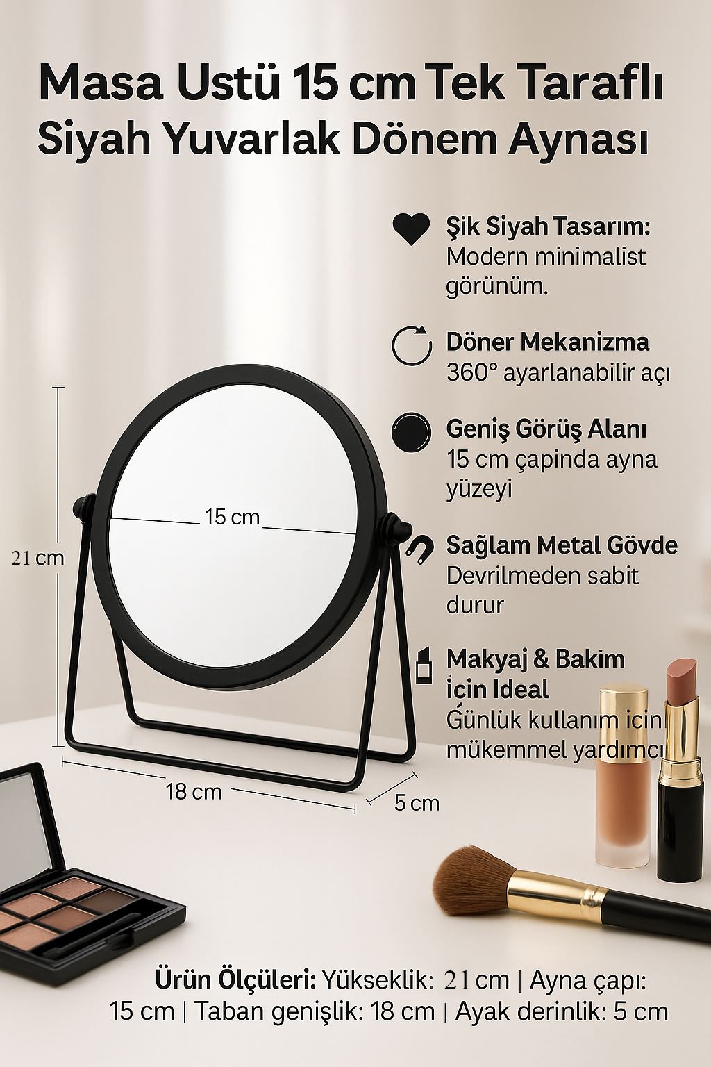 Masa Üstü 15 cm Tek Taraflı Siyah Yuvarlak Dönen Metal  Masa Aynası cin714sy