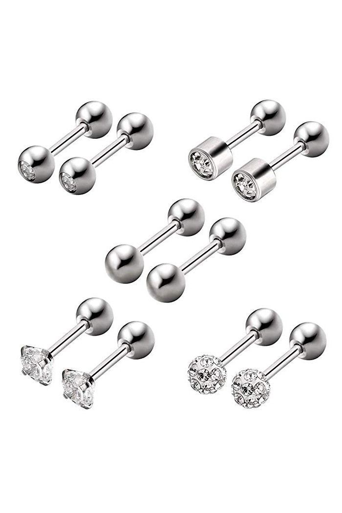 Chavin Gri Çelik 5 Takım Taşlı Bayan Erkek Küpe Piercing eb61by