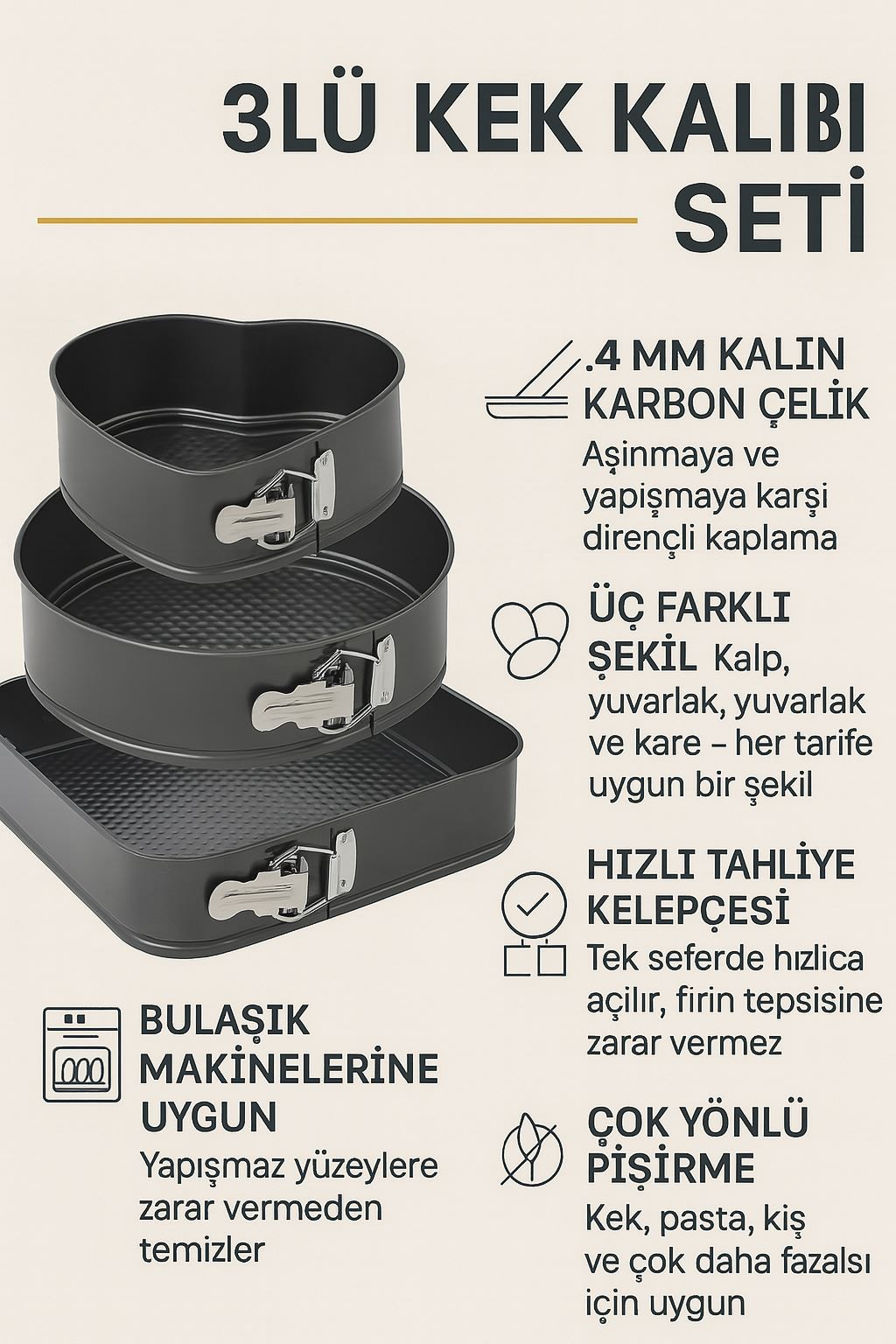 Karbon Çelik 3 Parça 22-24-26cm Kalp Yuvarlak Kare Kelepçeli Kek Kalıbı cin798sy