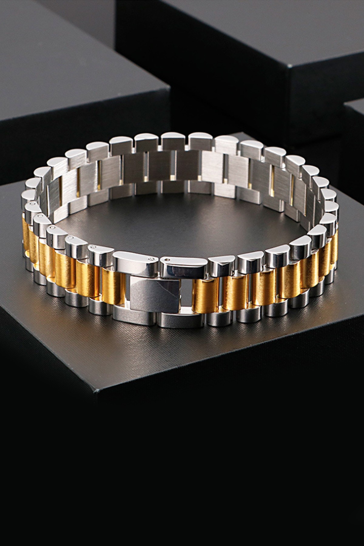 Chavin 15 mm. Gri Gold 316 L Çelik Parlak ve Mat Erkek Bileklik eh89bysr