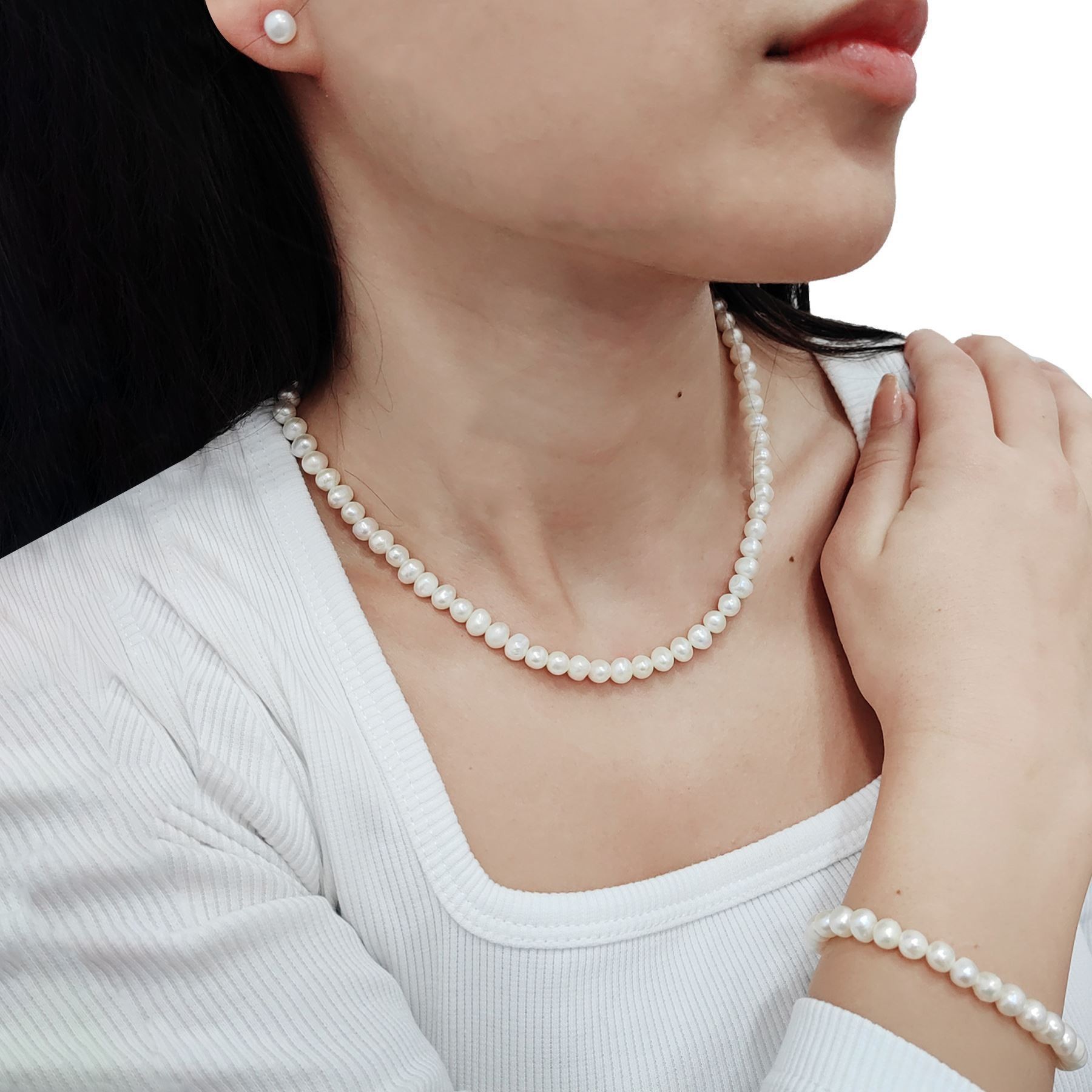 Chavin Doğal inci Kolye Küpe Bileklik 925 ayar Gümüş Set df91