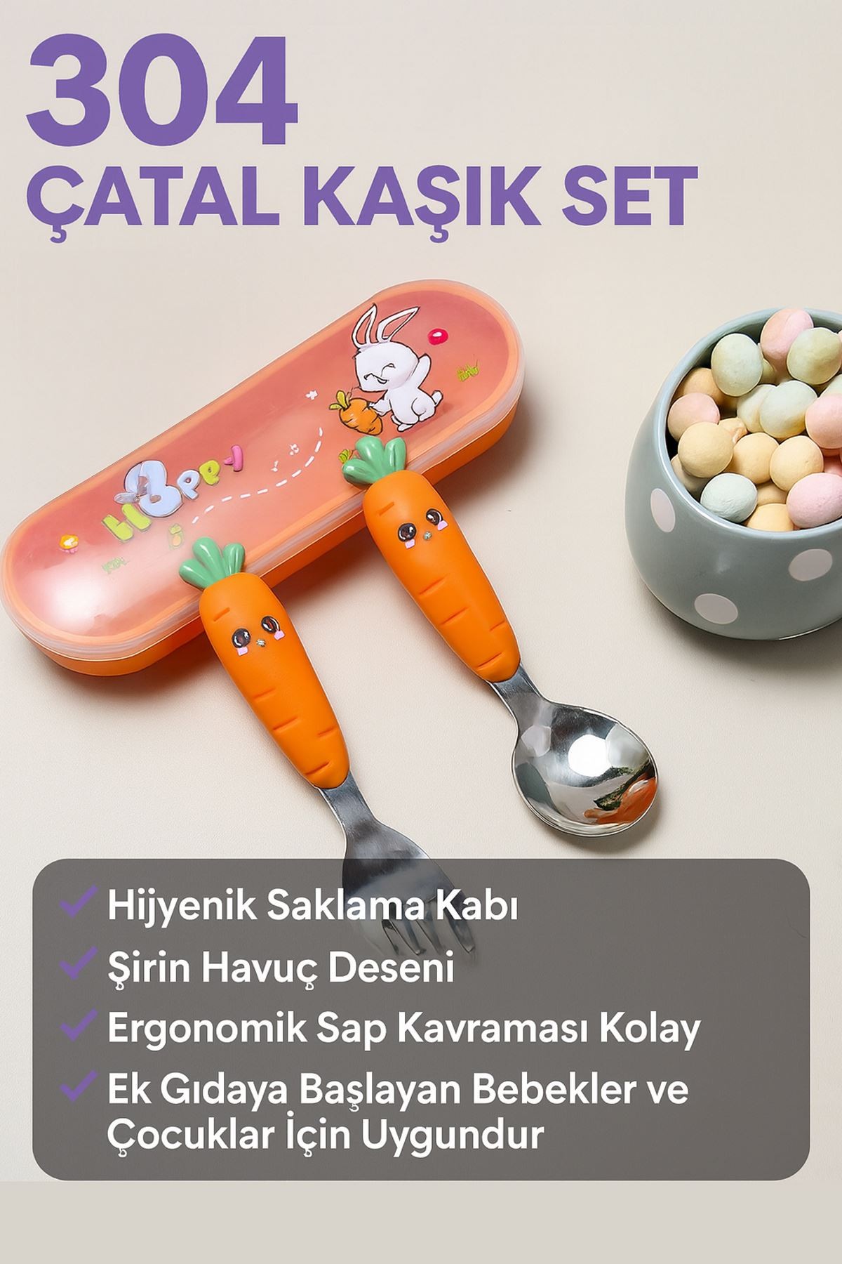 304 Paslanmaz Çelik Havuç Model Bebek Çocuk Kaşık ve Çatal Set cin932