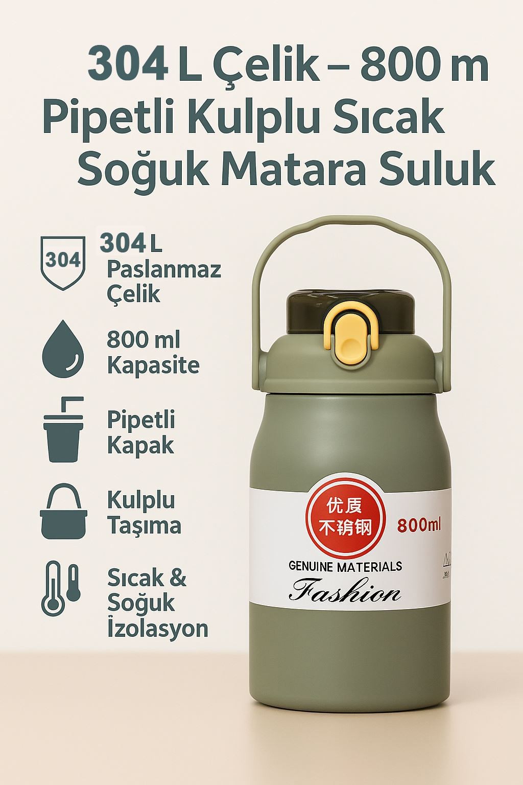 304 L Çelik Yeşil 800 ml Pipetli ve Kulplu Matara Suluk cin945