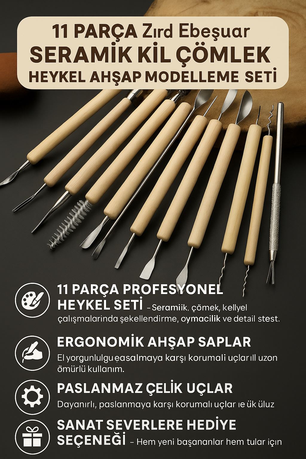 11 Parça Ebeşuar Seramik Kil Çömlek Heykel Ahşap Modelleme Oyma Seti cin657