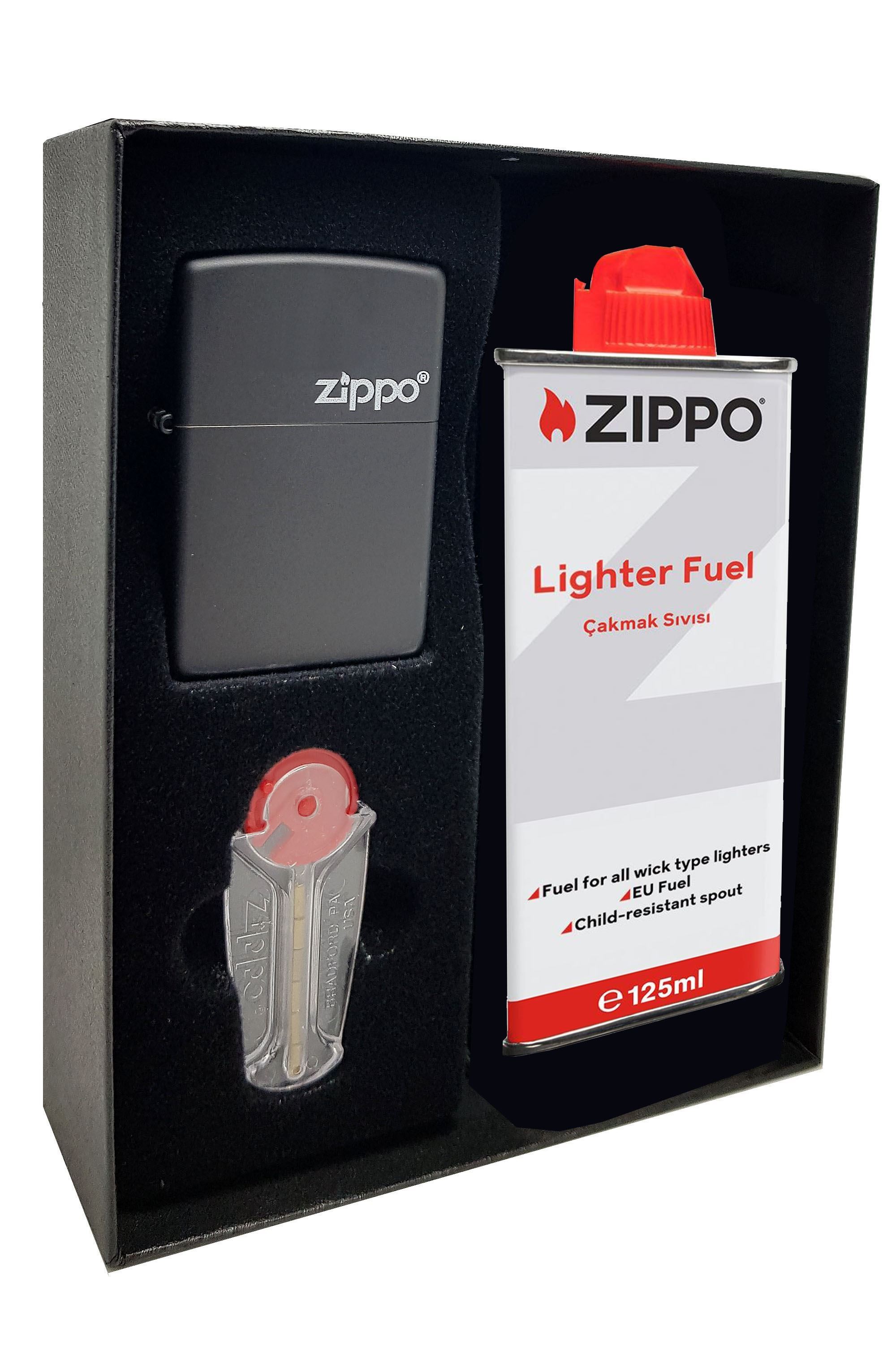 Zippo Çakmak Mat Siyah Hediyelik Kutu Benzin Taş Set du10-067533