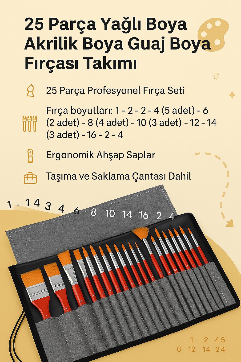25 Parça Yağlı Boya Akrilik Boya Goaj Boya Fırçası Takımı Fırça Seti cin681