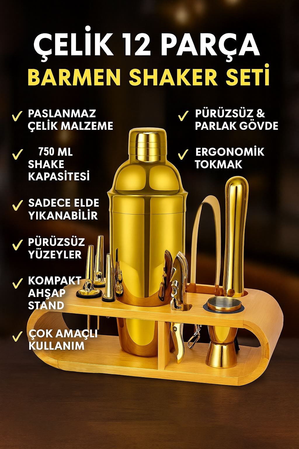 Ahşap Standlı 12 Parça Çelik 750 ml Shaker Bar Tokmağı Jigger Seti Barmen Seti