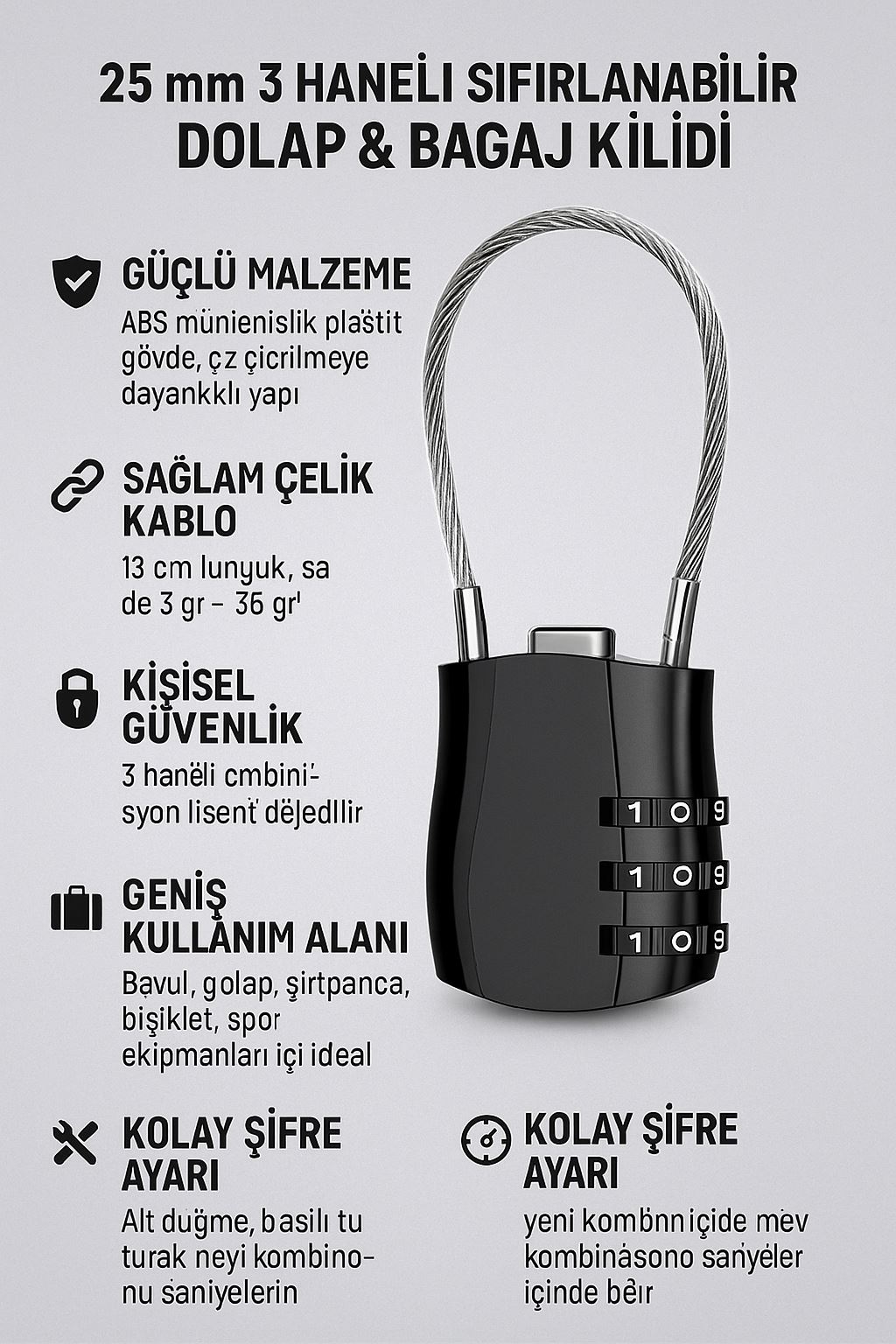 25 mm 3 Haneli Sıfırlanabilir 13 cm Dolap Bagaj Çanta Kilidi Asma Kilit cin540sy