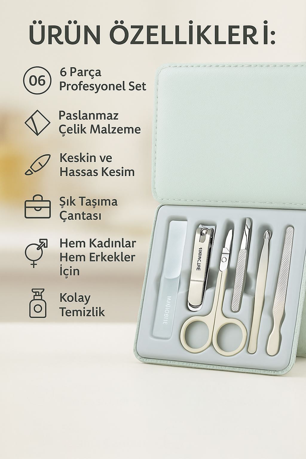 Çantalı 6 Parça Çelik Manikür Tırnak Makası Kulak Temizleme Seti cin811ys