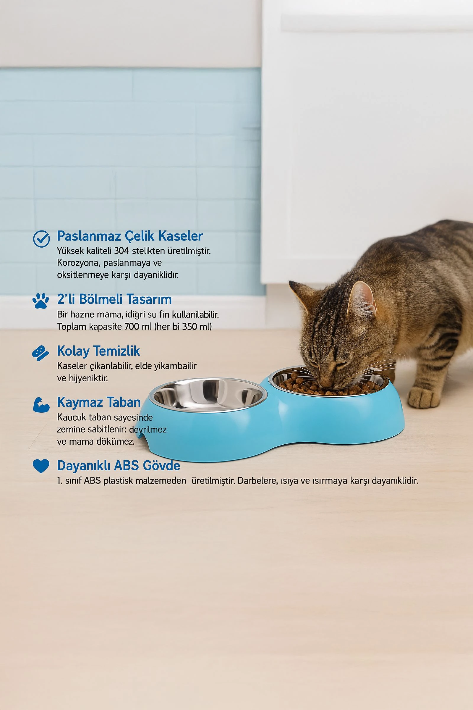 Paslanmaz Çelik 700 ml Mavi Kaymaz Taban Kedi Köpek Mama Ve Su Kabı cin571mv