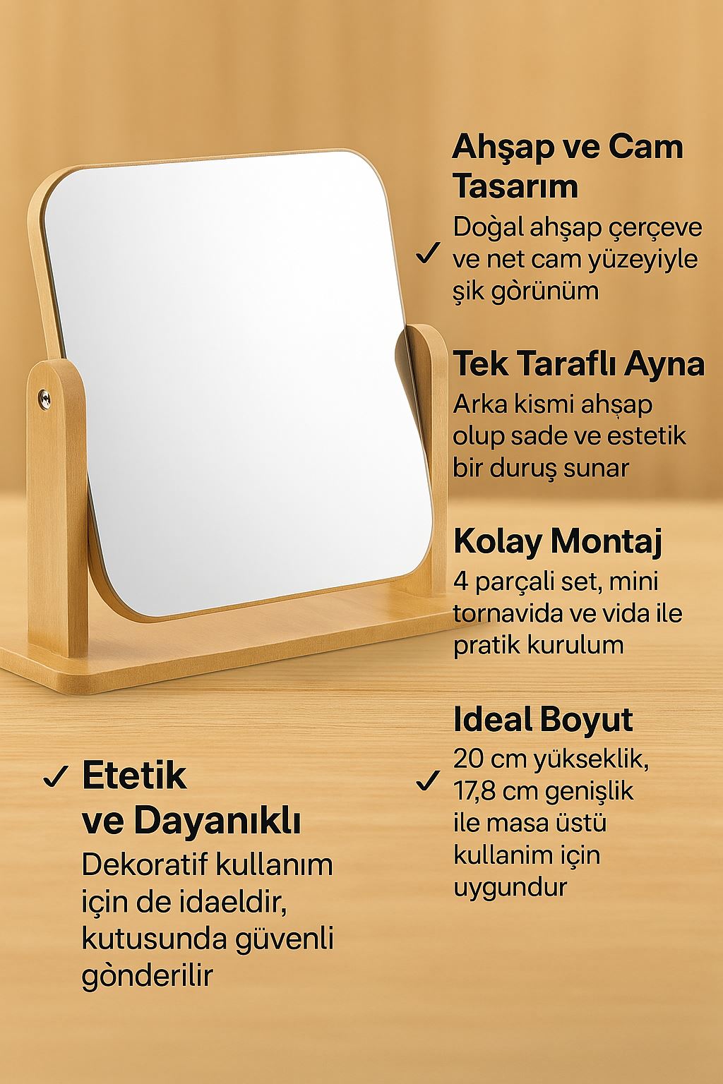 Masa Üstü 13 cm Ahşap Tek Taraflı Hareketli Dikdörtgen Masa Aynası cin812