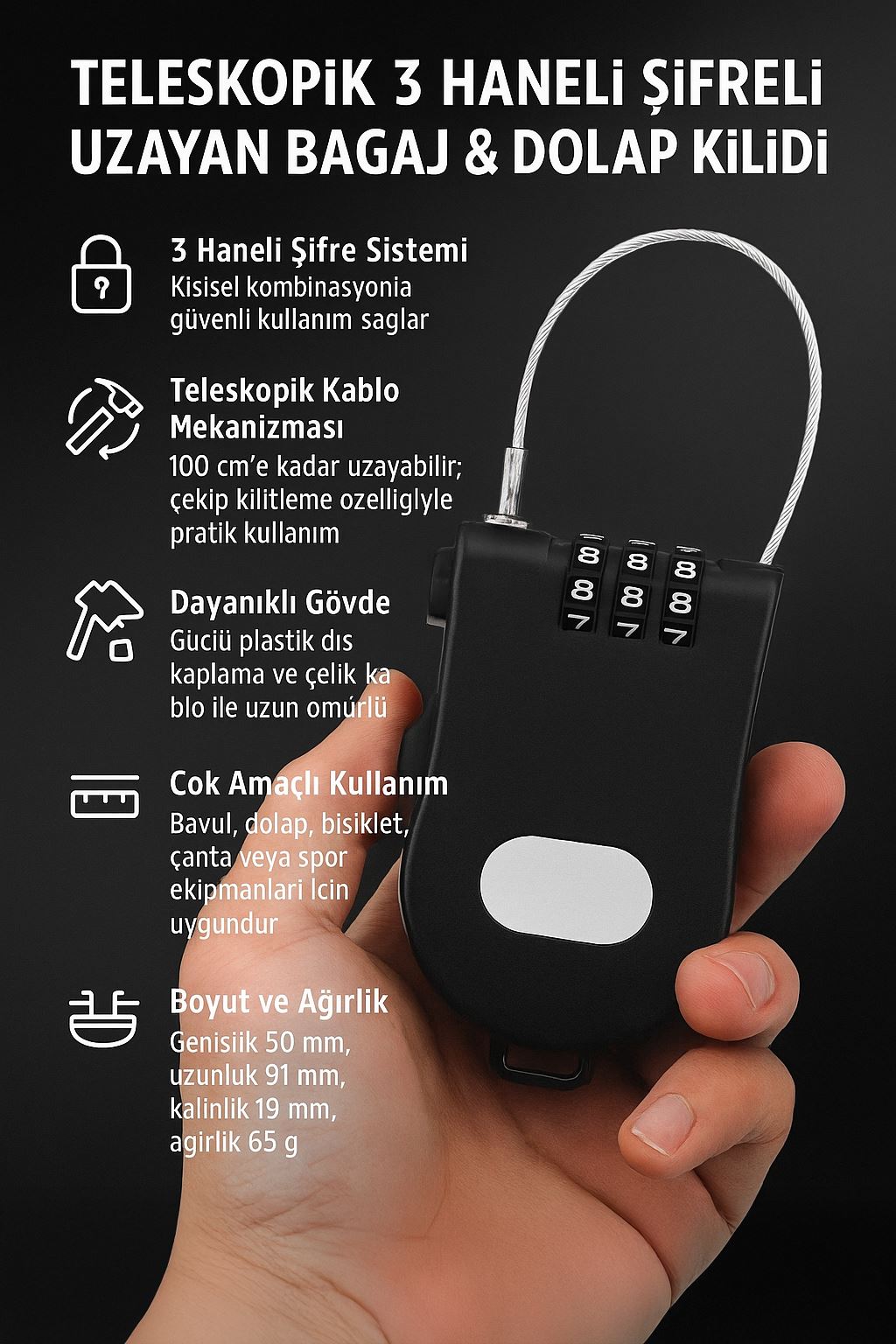 Teleskopik 50 mm Uzayan Şifreli 3 Haneli Dolap Bagaj Kilidi Asma Kilit cin816sy