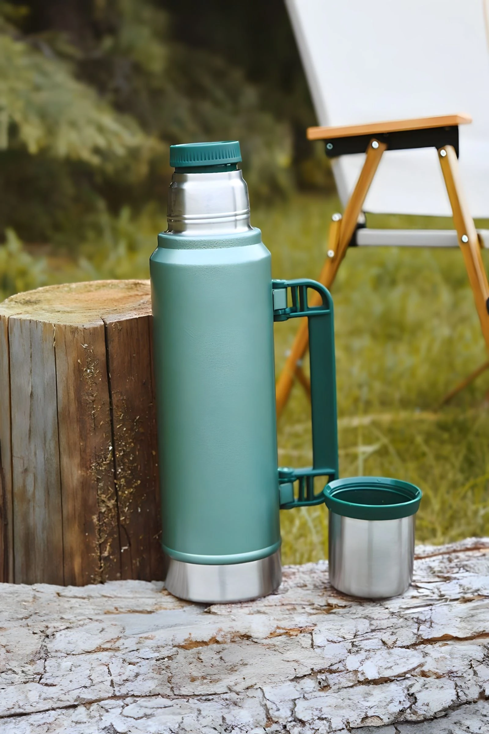 304L Çelik 1,4 L Yeşil Hammertone Kamp Piknik Sıcak Soğuk Kulplu Termos cin916ys