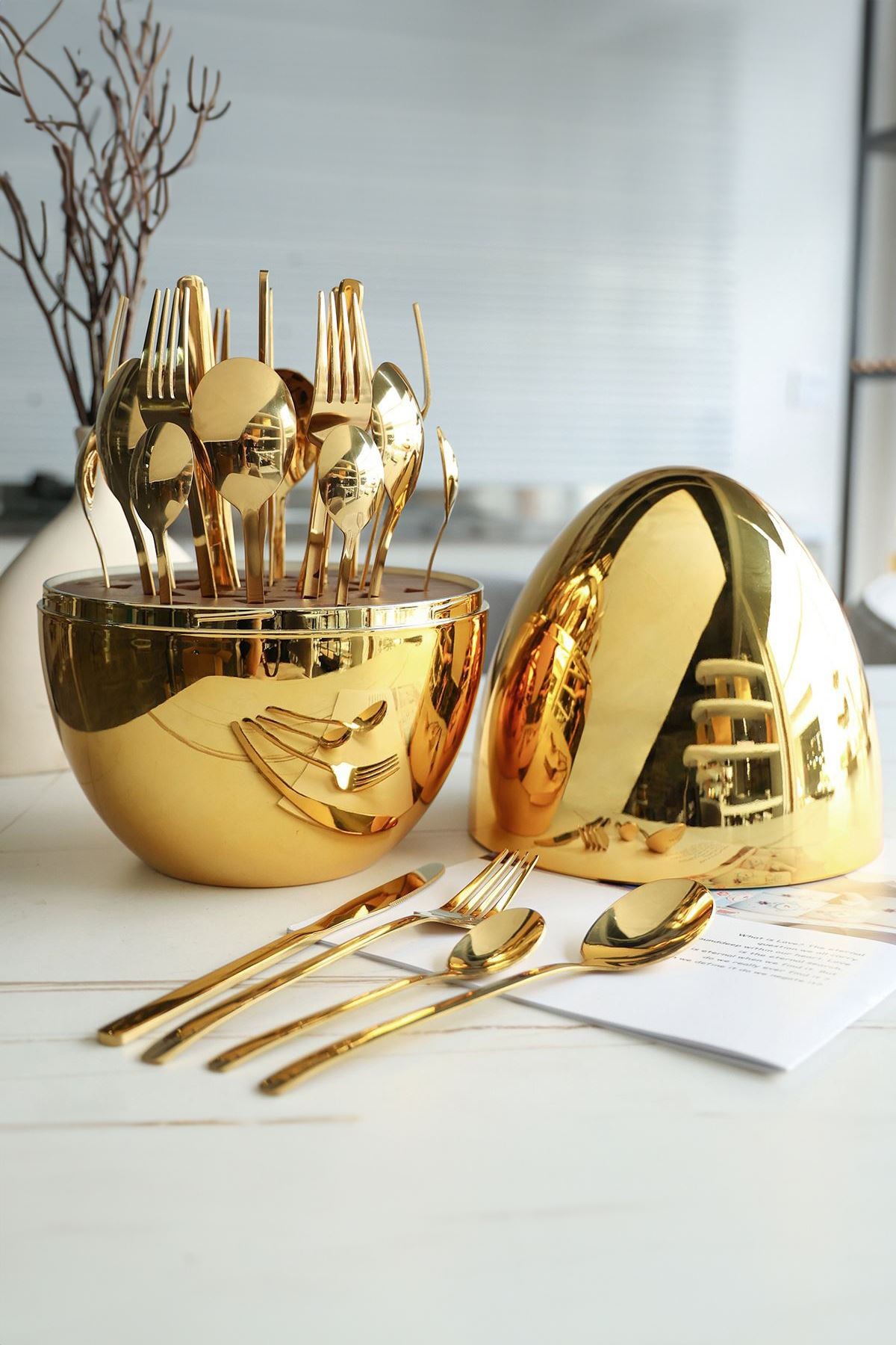 Çelik 24 Parça 6 Kişilik Yumurta Gold Yemek Kaşık Çatal Bıçak Set cin741sr