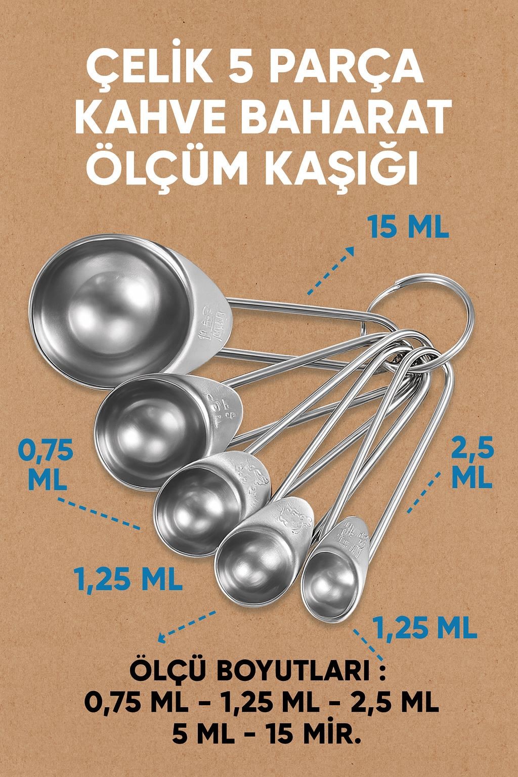 Paslanmaz Çelik 5 Parça Kahve Baharat Ölçüm Kaşığı cin709