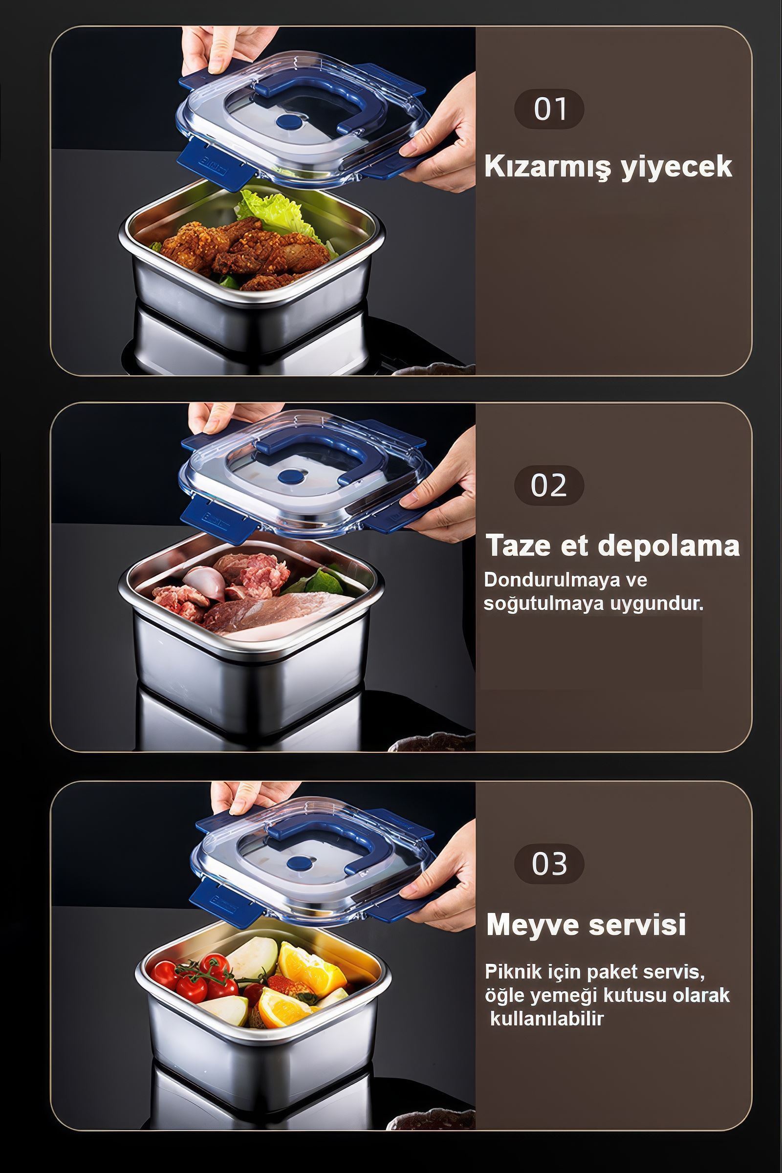 2 AdetÇelik 1800 ml Kilitli Yemek Meyve Et Buzdolabı Beslenme Saklama Kabı mt106