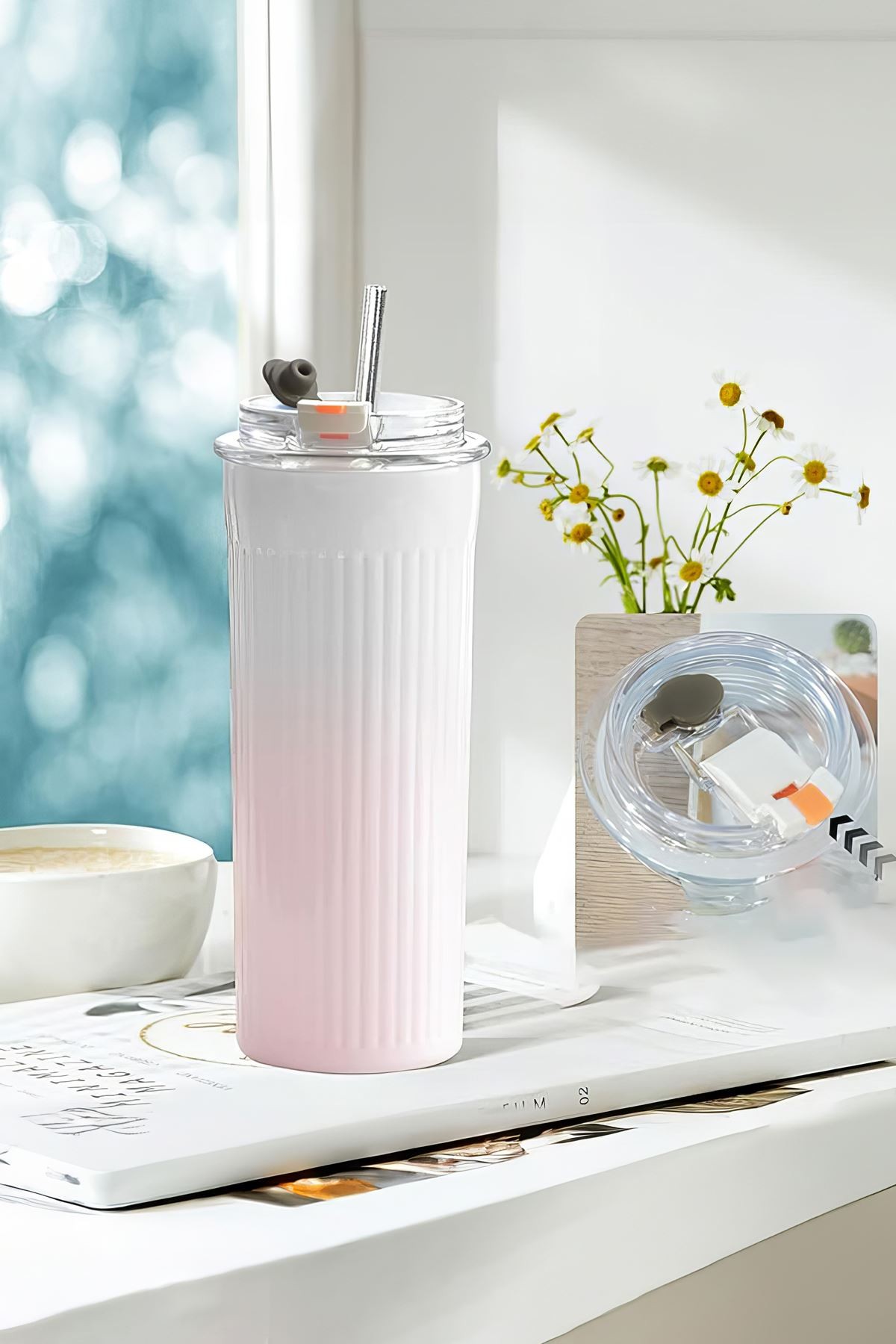 304 L Çelik 500 ml. Pembe Beyaz Degrade Pipetli El Termos Mug cin913pm