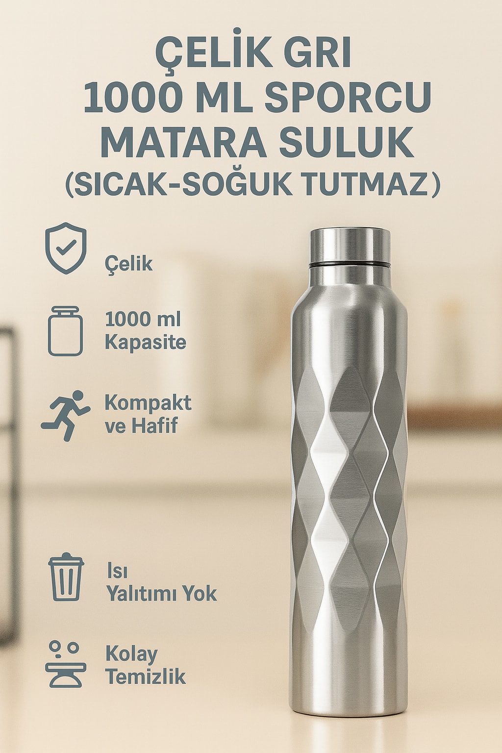Çelik Gri 1000 ml Sporcu Matara Suluk (SICAK-SOĞUK TUTMAZ) cin338