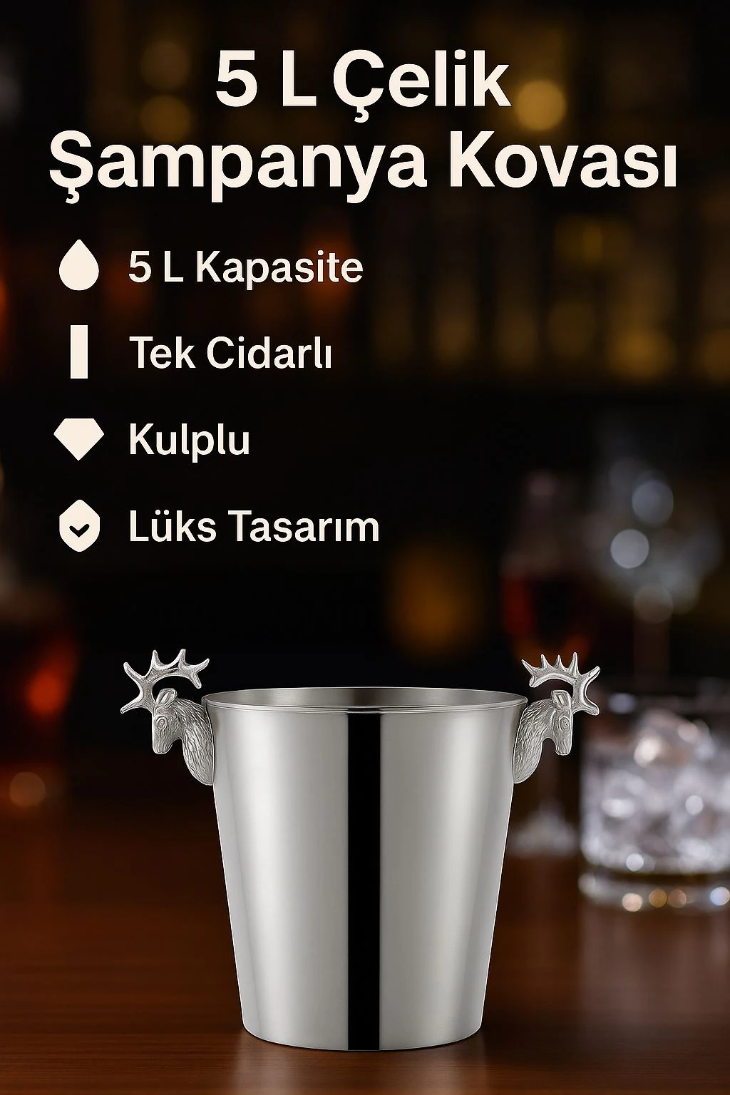Çelik Şampanya Kovası 5 L Tek Cidarlı Kulplu Lüks Buz Kovası Buzluk cin925