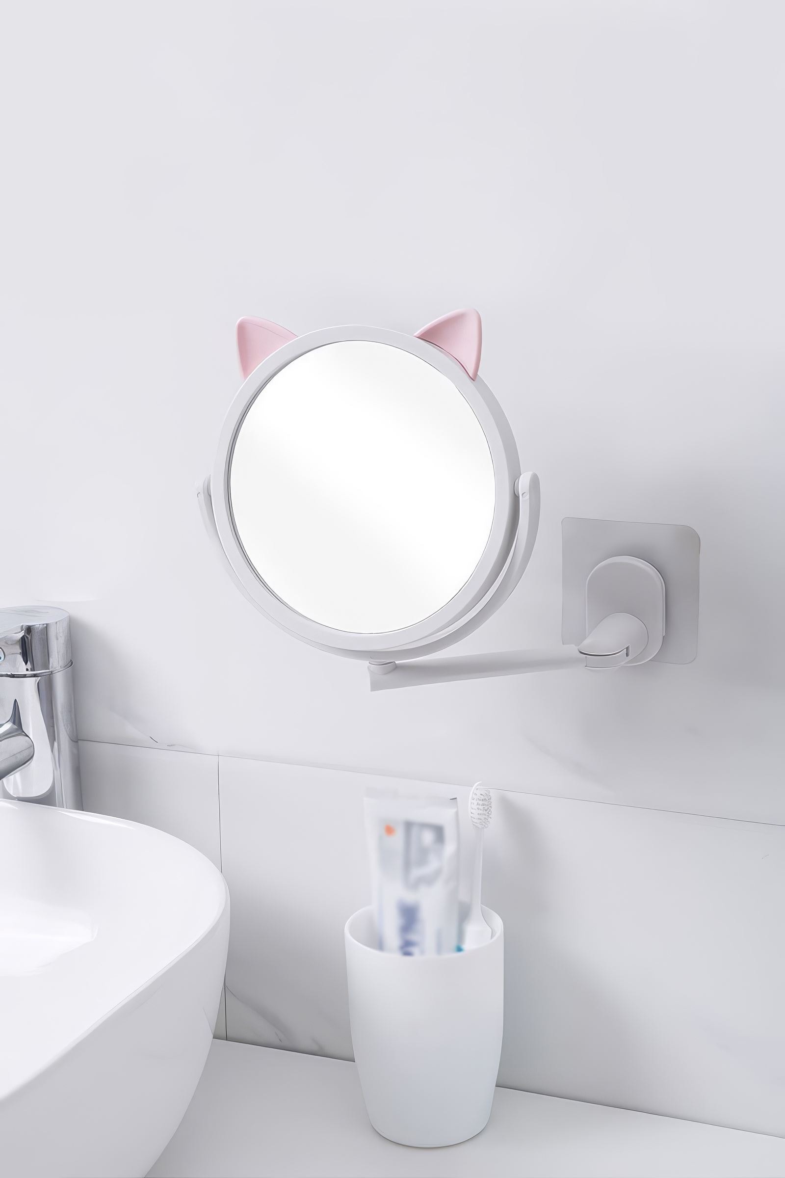 Beyaz Kedi Tasarım Hareketli Plastik Banyo Duvar Aynası cin715by