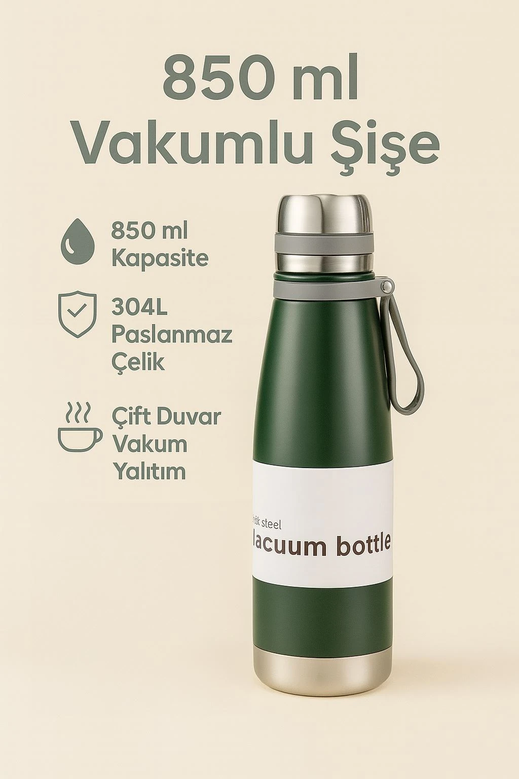 304 L Çelik Koyu Yeşil 850 ml Sıcak Soğuk Vacuum Bottle Matara Suluk cin480ys