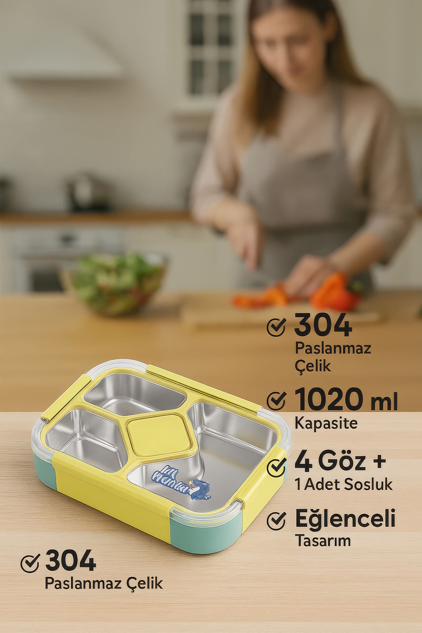 304 Çelik 1020 ml 4 Bölmeli öğrenci Ofis Yemek Mama Kabı Sefertası mt181ysx