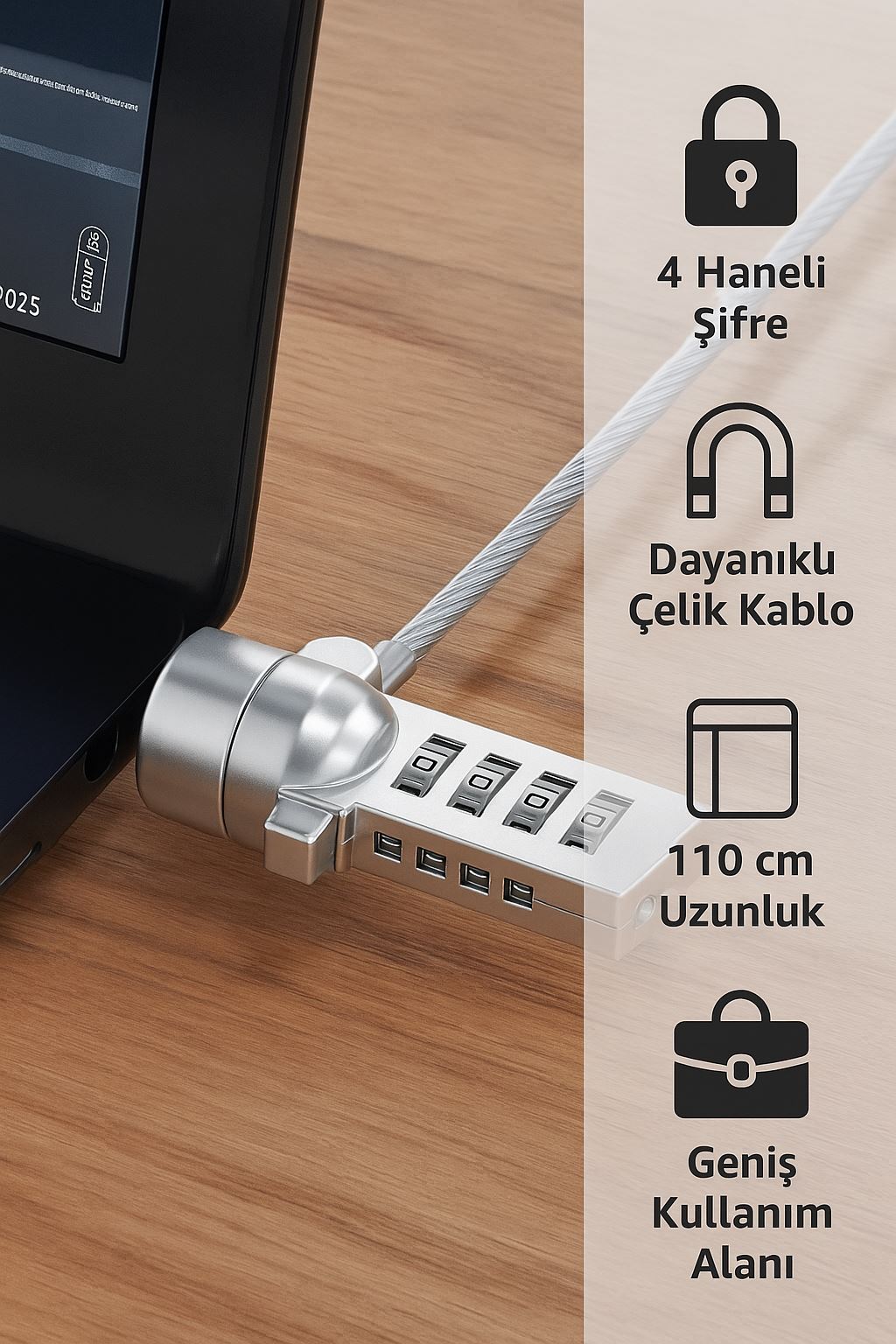 Silver 18 mm 4 Hane Şifreli Laptop Dizüstü Bilgisayar Kilidi Kablo Kilit cin541