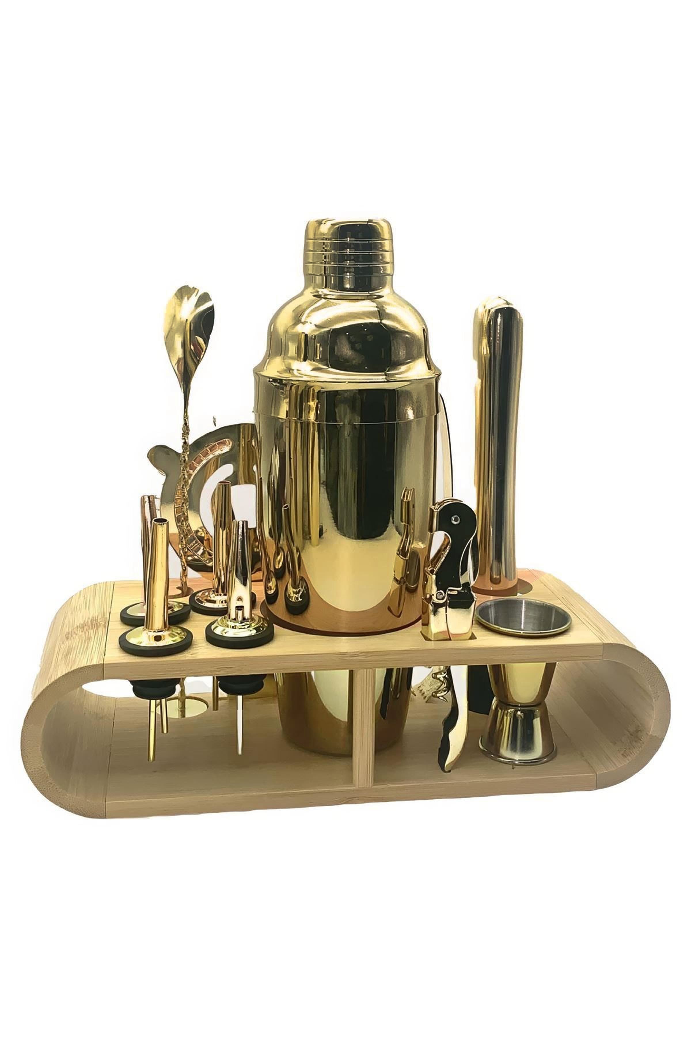 Ahşap Standlı 12 Parça Çelik 750 ml Shaker Bar Tokmağı Jigger Seti Barmen Seti