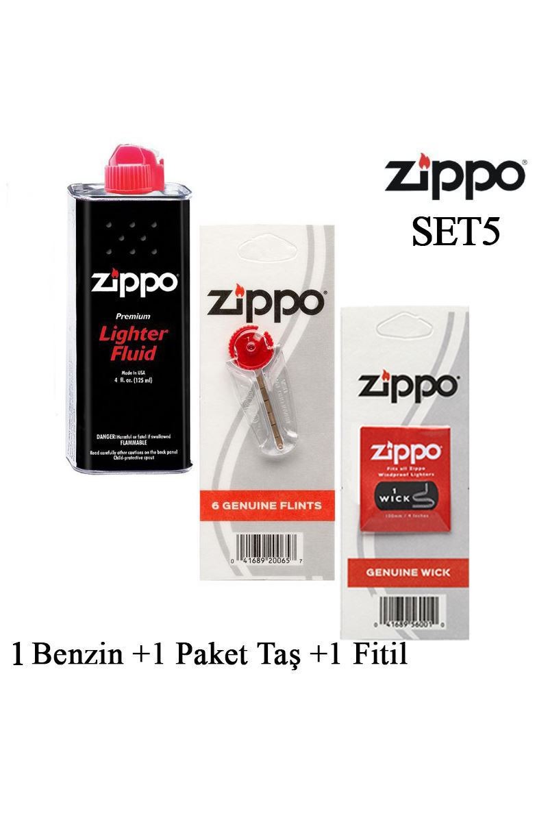 Zippo Çakmak ikmal Seti 1 Bidon Benzin 1 Fitil 1 Paket Taş Set5