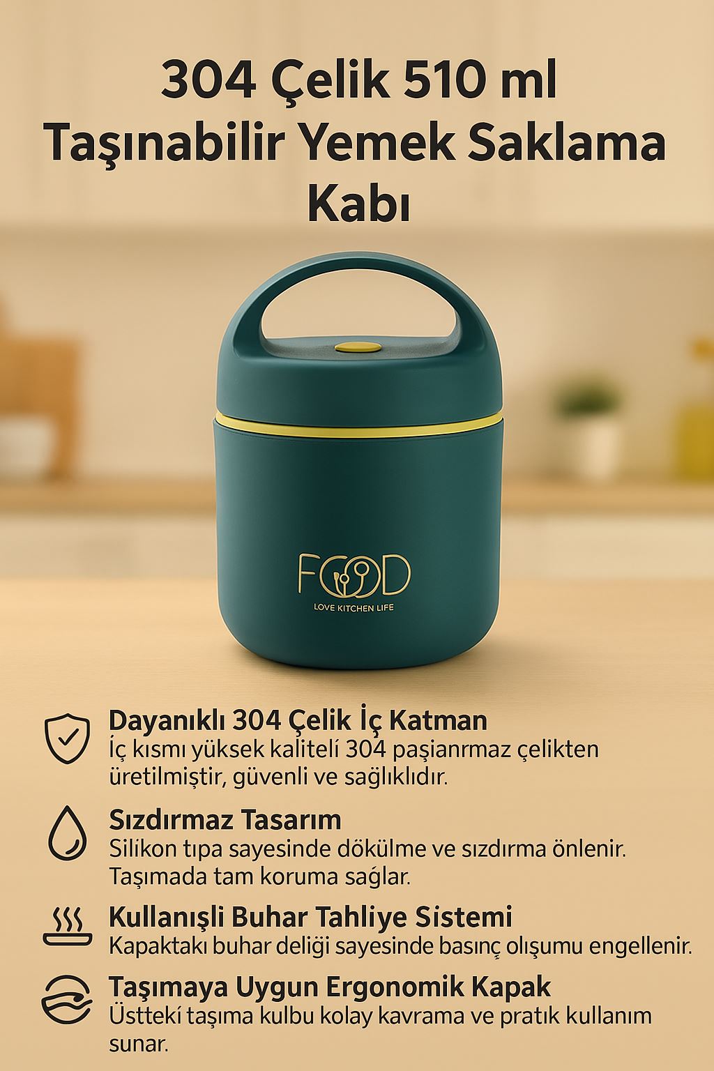 304 Çelik 510 ml Taşınabilir Yemek Mama Saklama Kabı (Sıcak Tutmaz) cin415ys