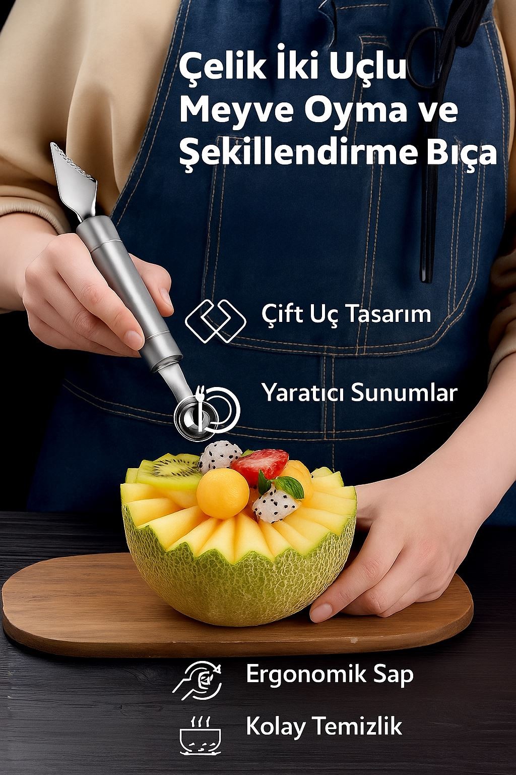 Çelik iki Uçlu Meyve Oyma ve Şekillendirme Bıçağı cin777