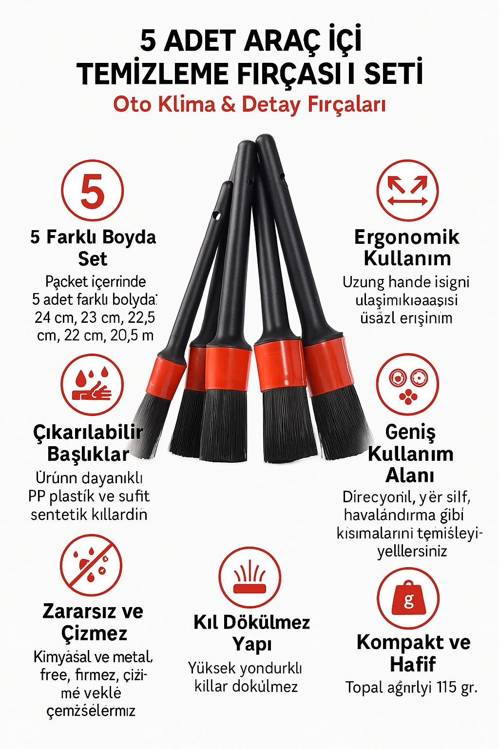 5 Adet Araç İçi Temizleme Fırçası Oto Detay Klima Temizlik Fırça Set cin904