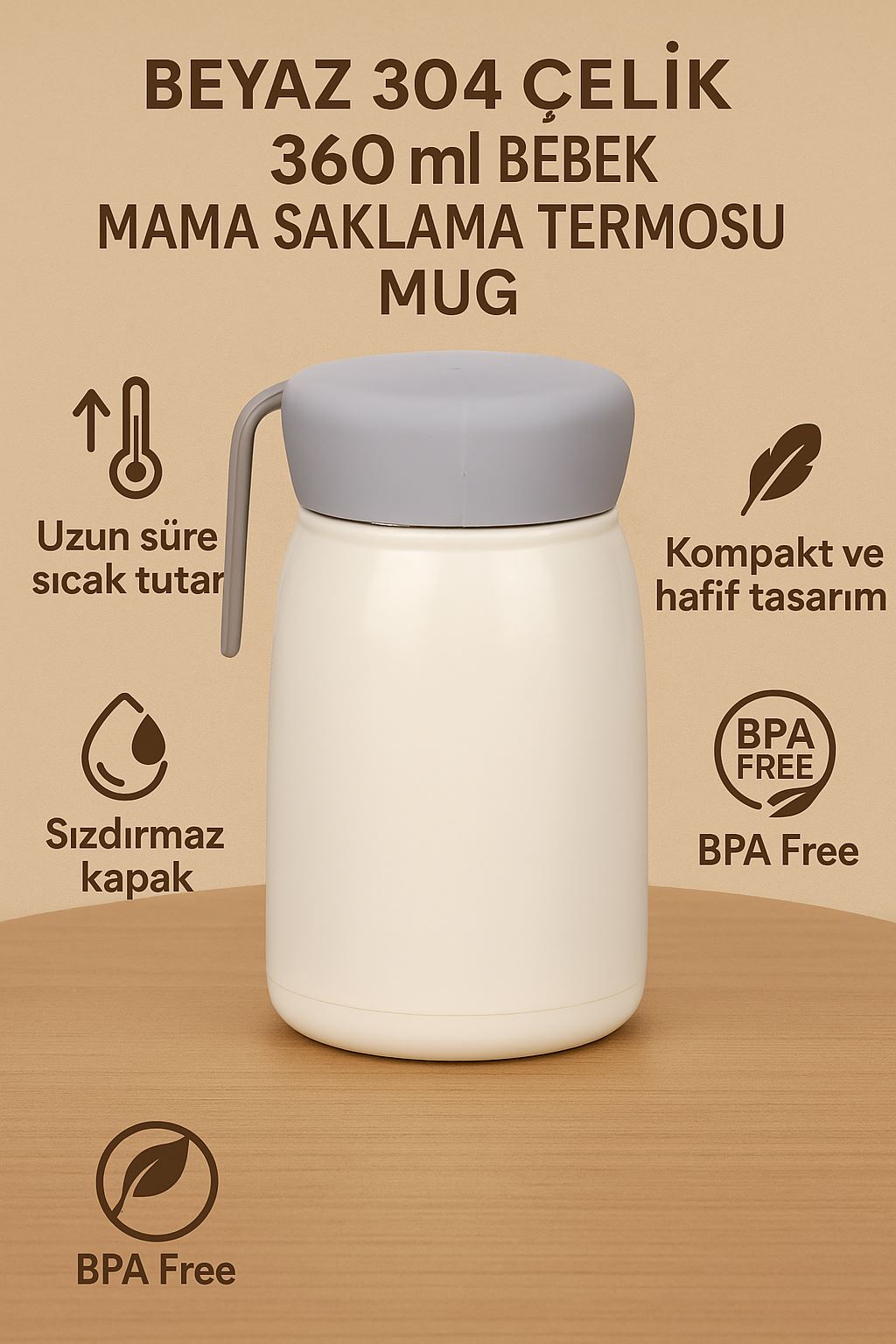 Beyaz 304 Çelik 360 ml Bebek Mama Saklama Termosu Mug cin842by