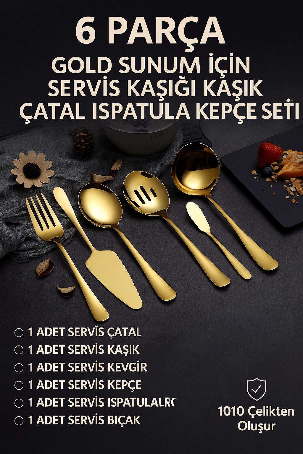 6 Parça Gold Sunum için Servis Kaşığı Kaşık Çatal Ispatula Reçel Seti cin613sr