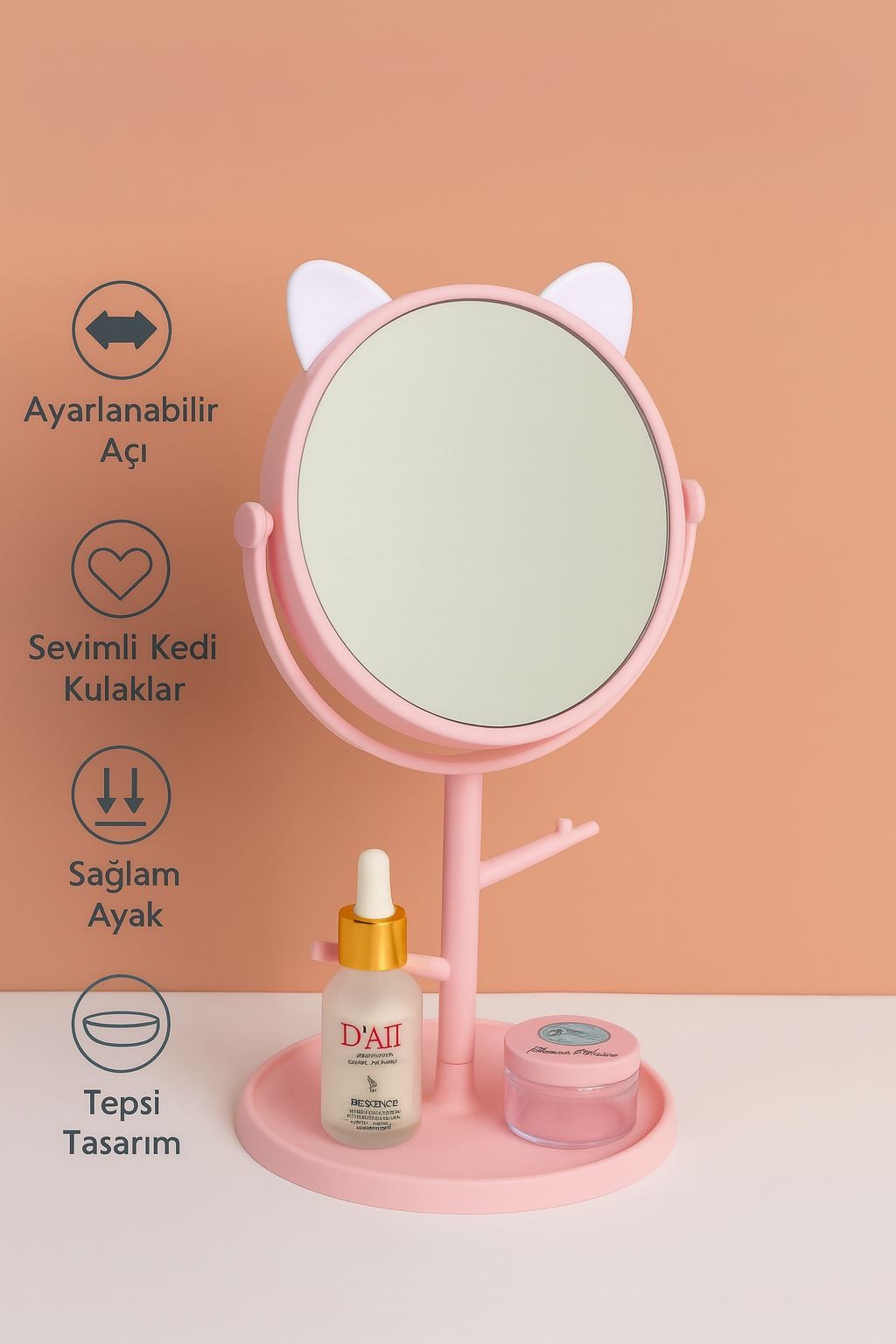Masa üstü Pembe Kedi Tasarım Plastik Takı Stand Masa Aynası cin498pm