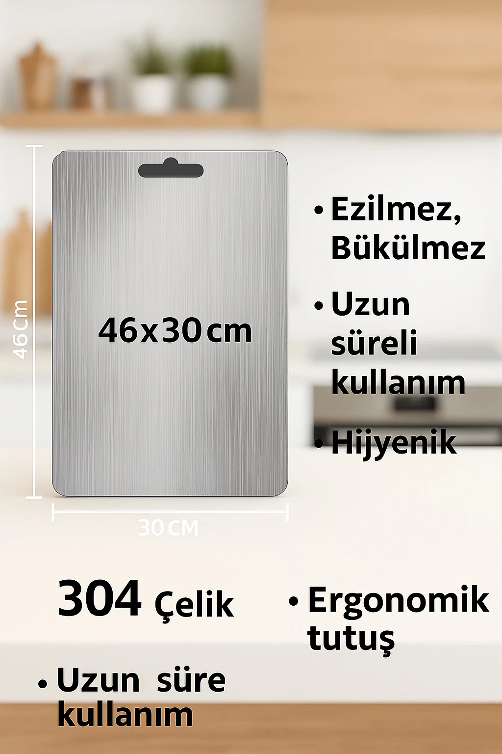 304 Kalın Çelik 46x30 Büyük Kesme Tahtası Antibakteriyel Doğrama Tahtası cin859