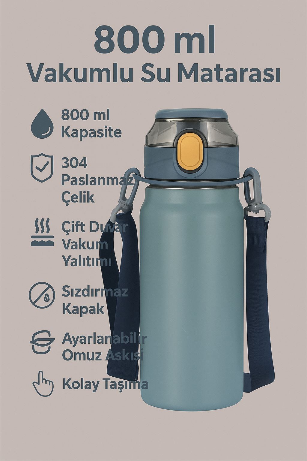 304 L Çelik Mavi 800 ml Askılı ve Pipetli Matara Suluk cin411mv-8