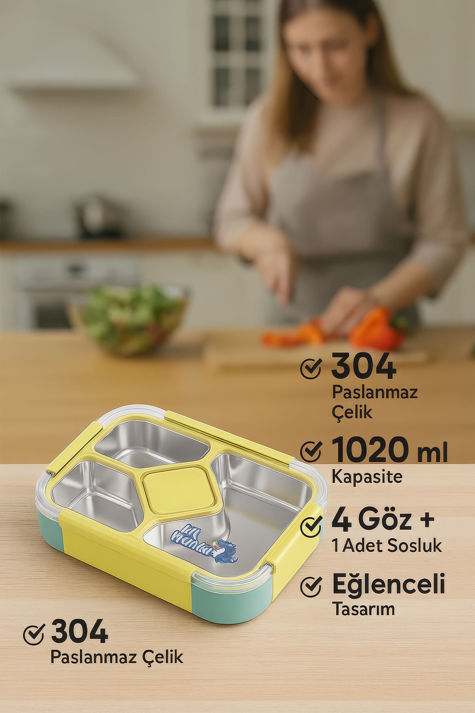 304 Çelik 1020 ml 4 Bölmeli öğrenci Ofis Yemek Mama Kabı Sefertası mt181ys