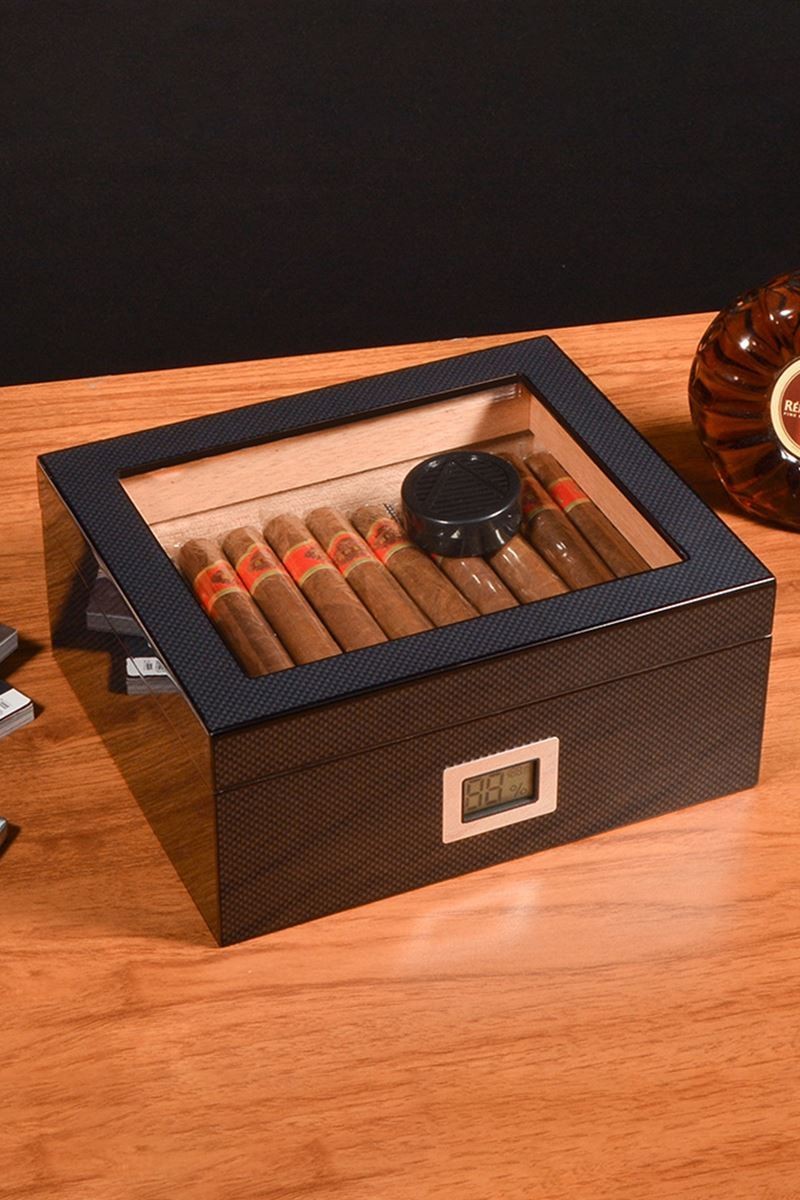 Cigarol Karbon Fiber Camlı Dijital Humidor Puro Kutusu rd06