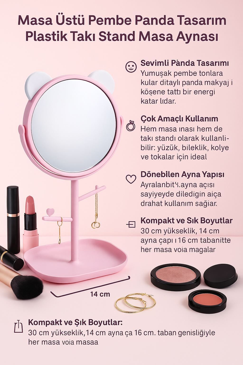 Masa üstü Pembe Panda Tasarım Plastik Takı Stand Masa Aynası cin716