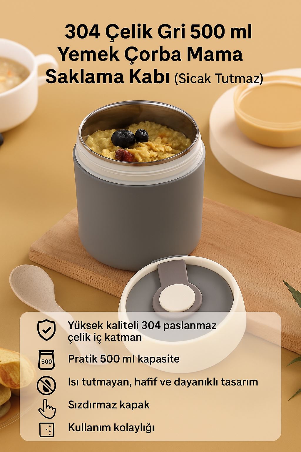 304 Çelik Gri 500 ml Yemek Çorba Mama Saklama Kabı (Sıcak Tutmaz) cin560gr