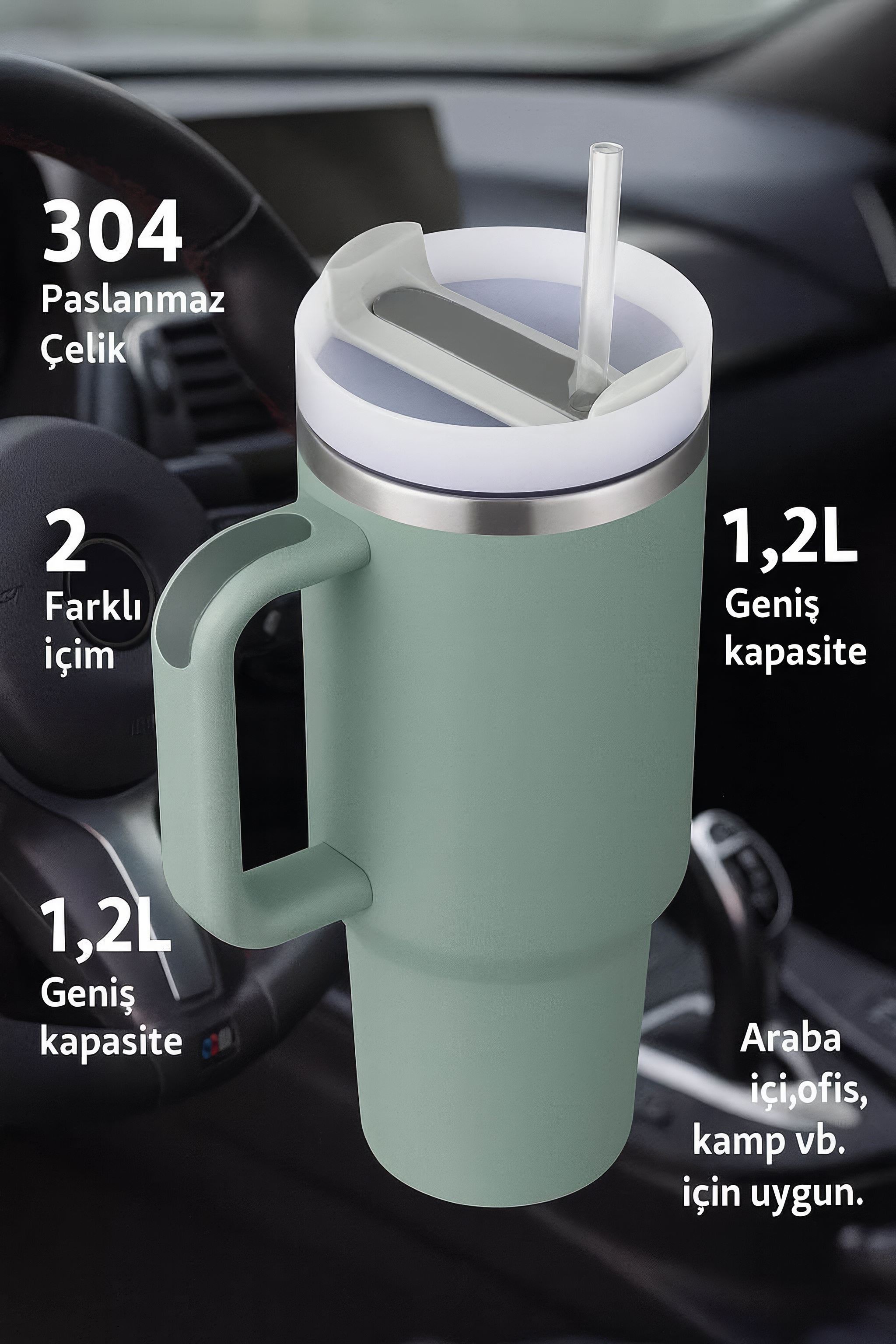 304 L Çelik 1,2 L Yeşil Pipetli El Termos Mug cin856ys