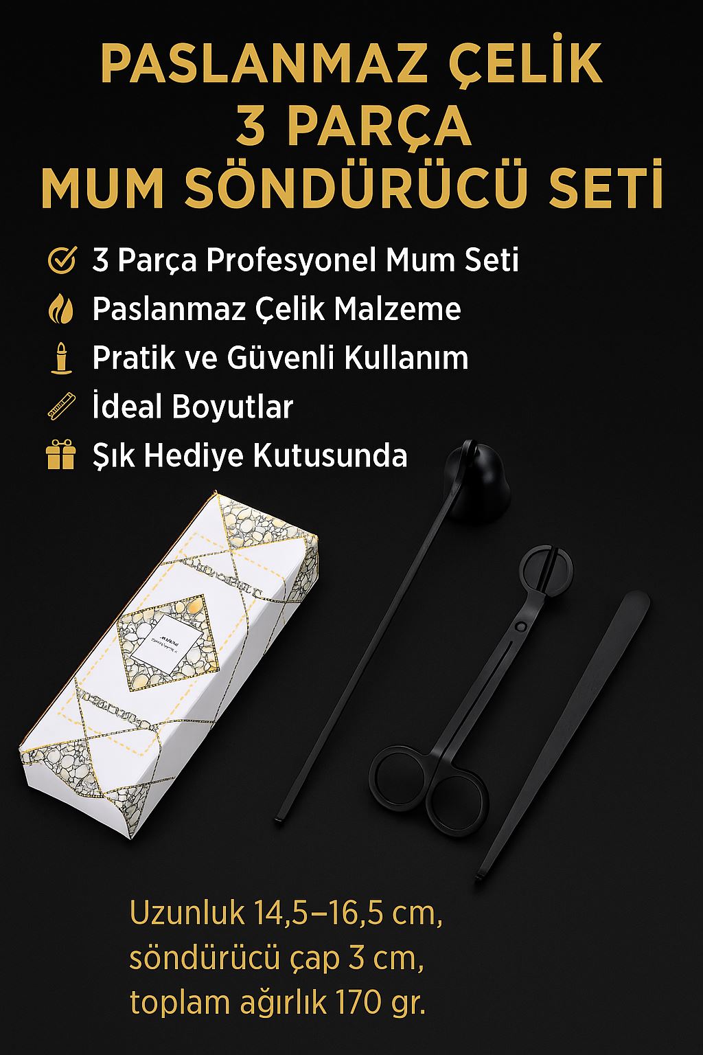 Paslanmaz Çelik 3 Parça Siyah Saplı Mum Söndürücü Mum Makası Cımbızı cin819sy