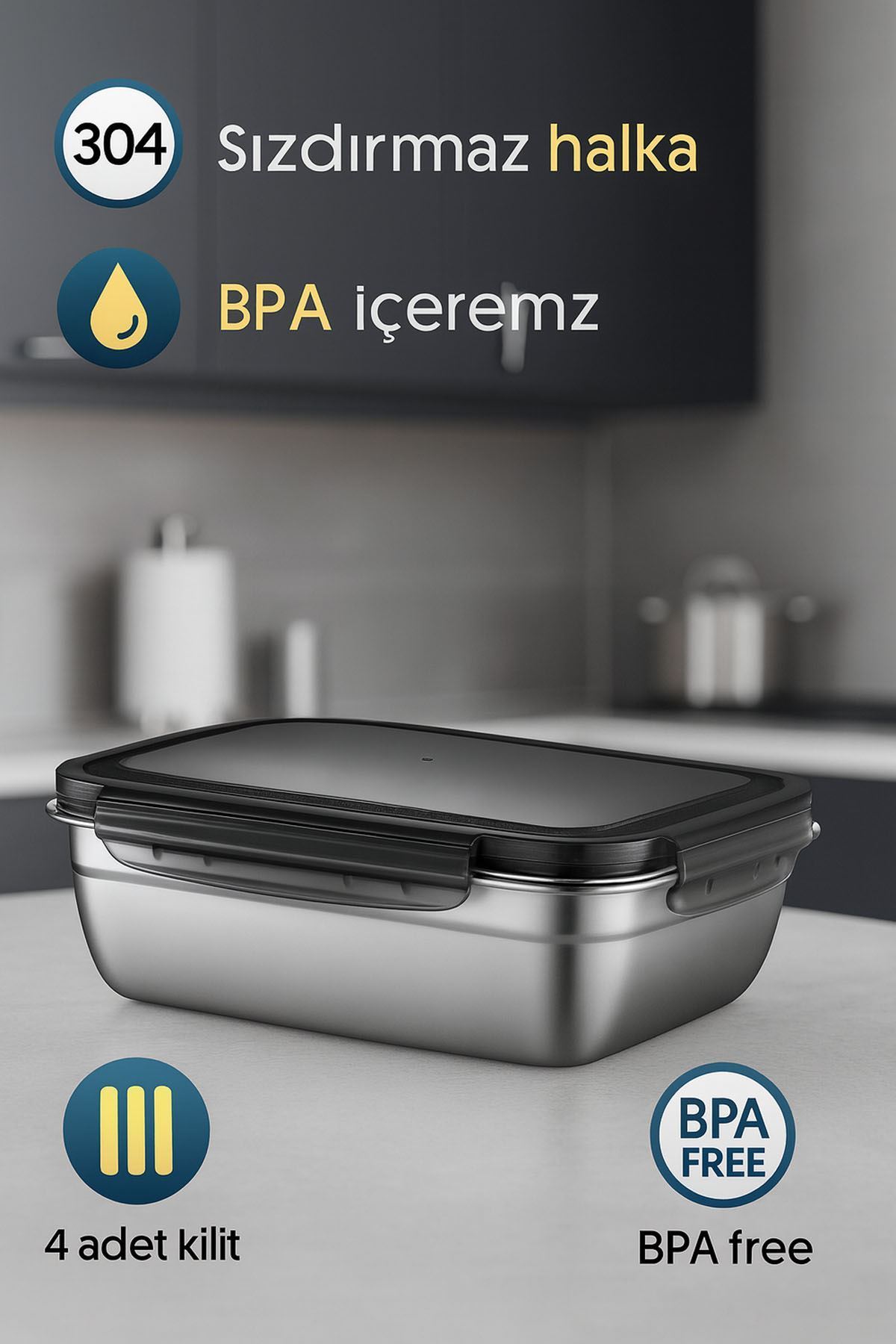 3 Adet 304 Çelik 550-850-1800 ml Yemek Meyve Et Buzdolabı Beslenme Saklama Kabı 