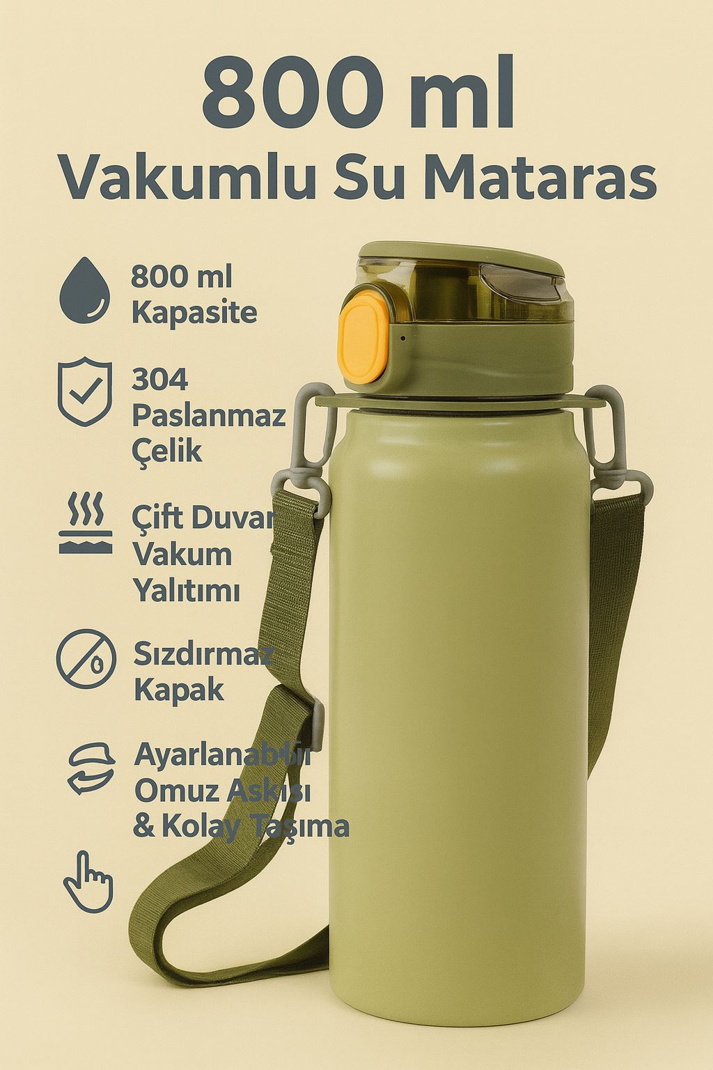 304 L Çelik Yeşil 800 ml Askılı ve Pipetli Matara Suluk cin411ys
