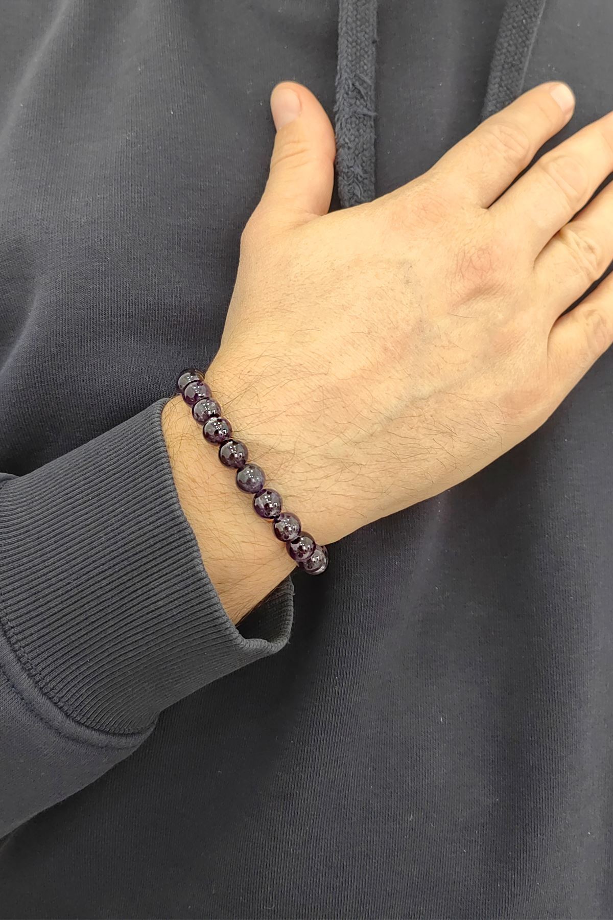 Chavin Gerçek Doğal 8 mm. Ametist Taş Lastikli Erkek Bileklik ev84