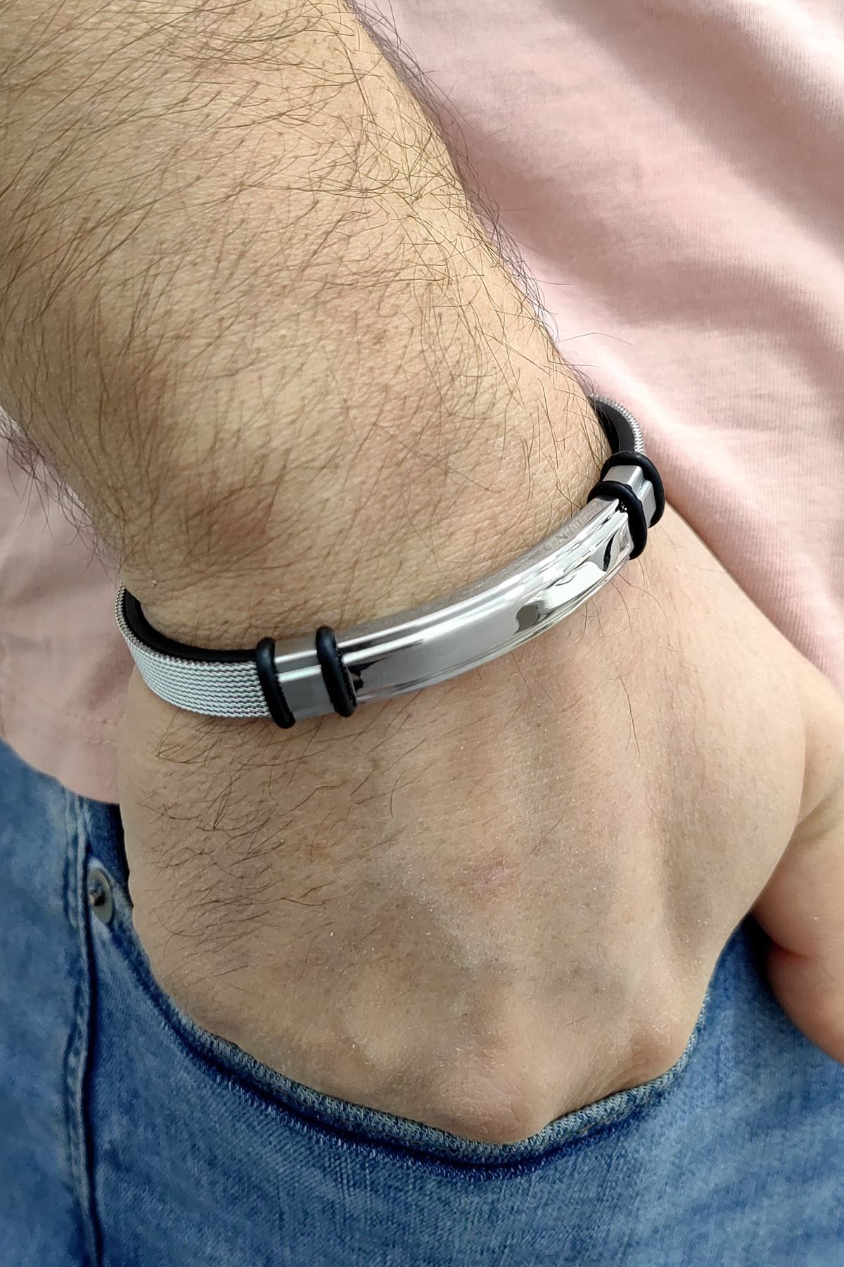 Chavin Deri Üzeri Örgü Çelik Erkek Bileklik ec55by