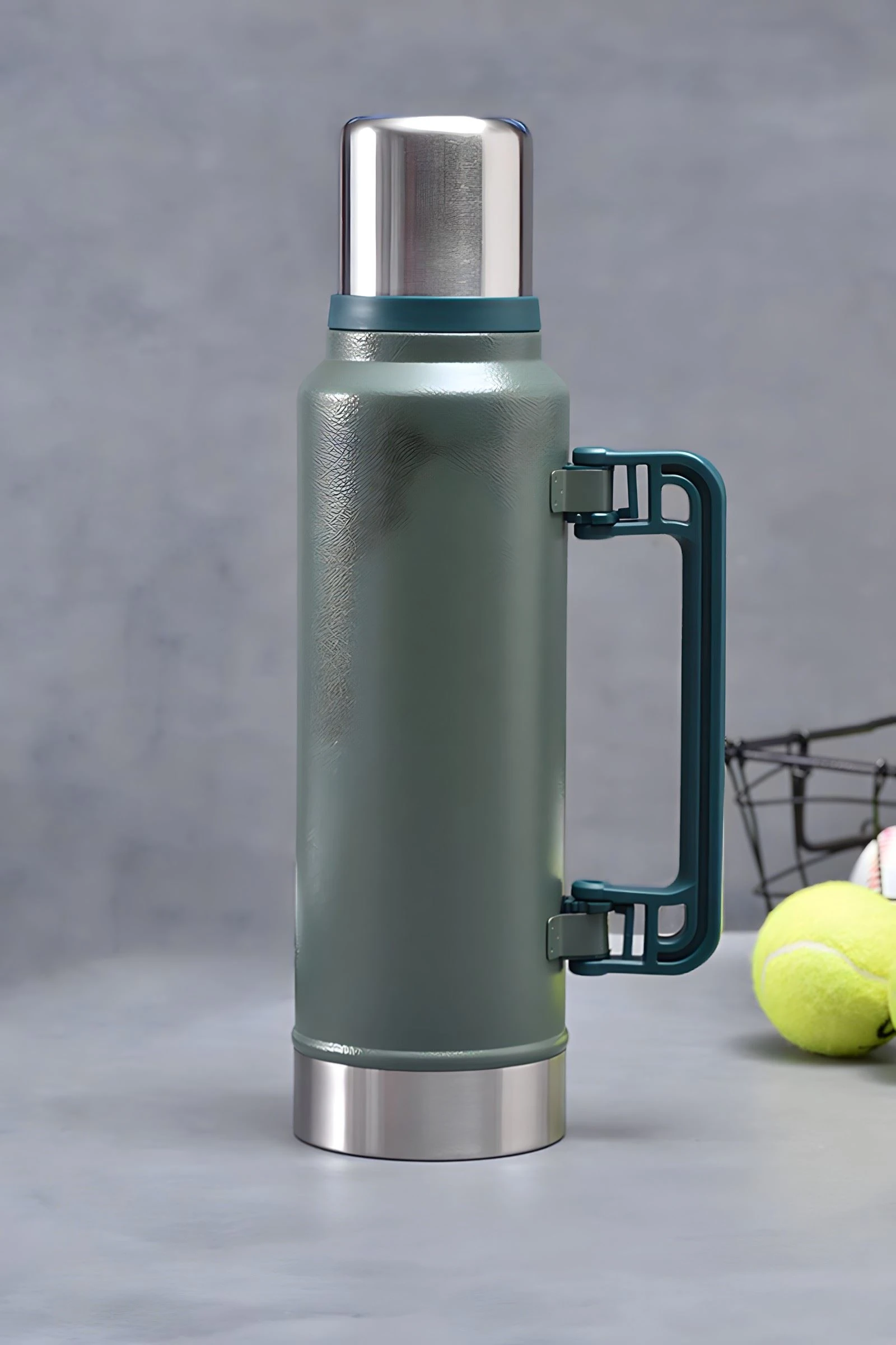 304L Çelik 1,4 L Yeşil Hammertone Kamp Piknik Sıcak Soğuk Kulplu Termos cin916ys