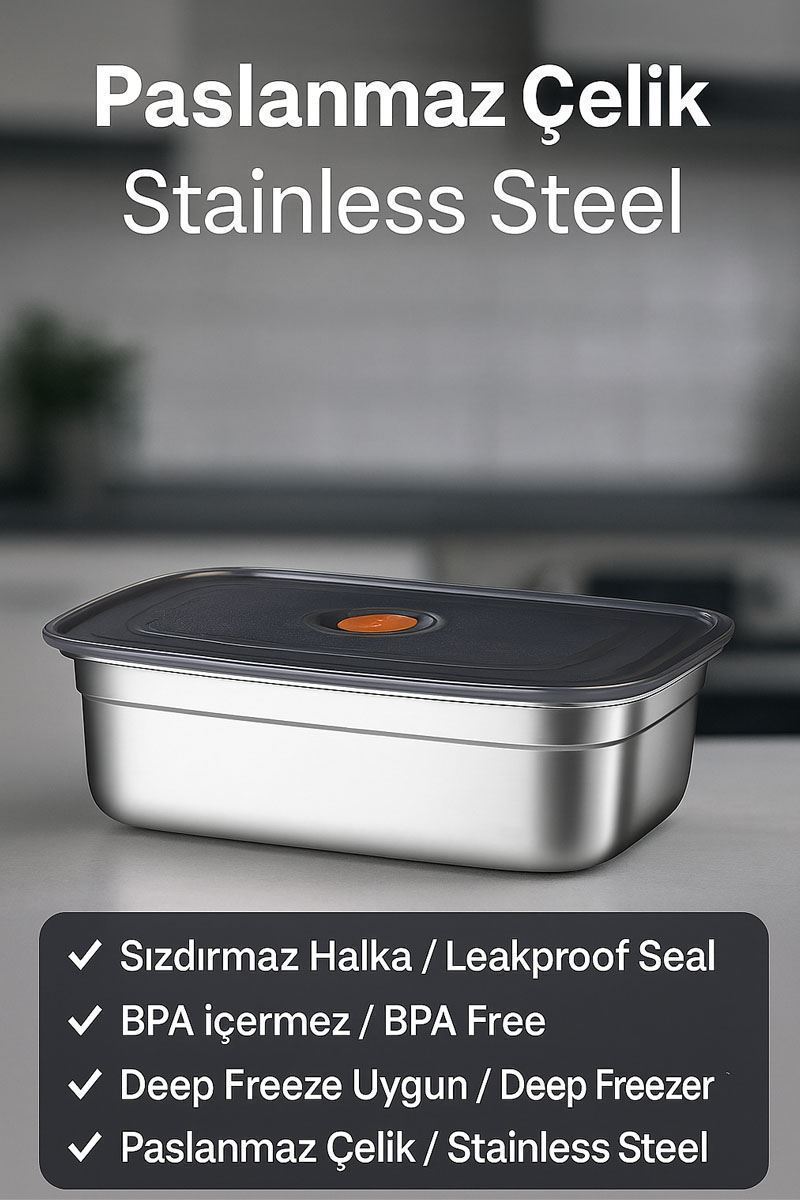 2 Adet Çelik 1200 ml Yemek Meyve Et Buzdolabı Beslenme Saklama Kabı mt219