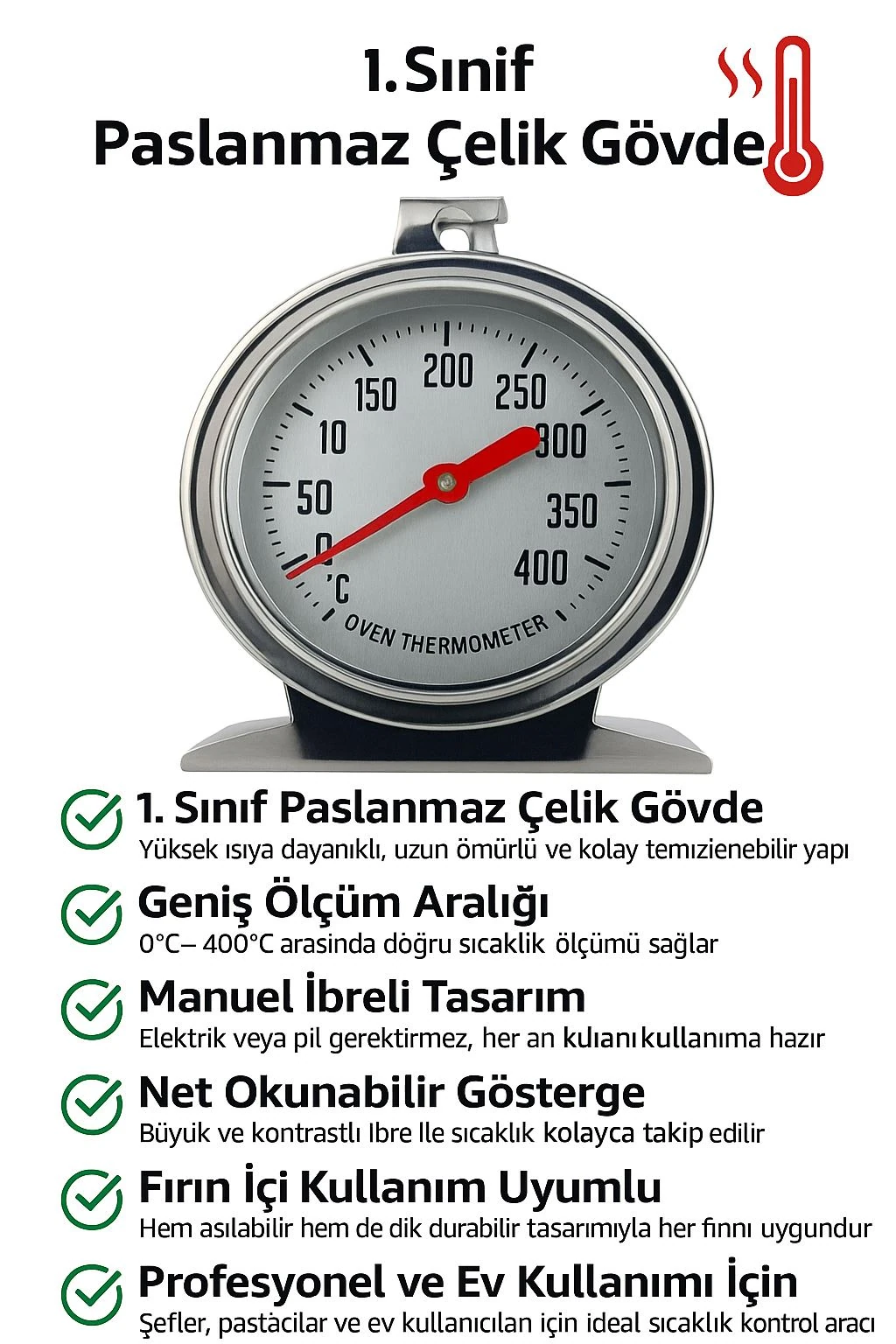 1. Sınıf Çelik Manuel Fırın Termometre Sıcaklık Ölçer thr225